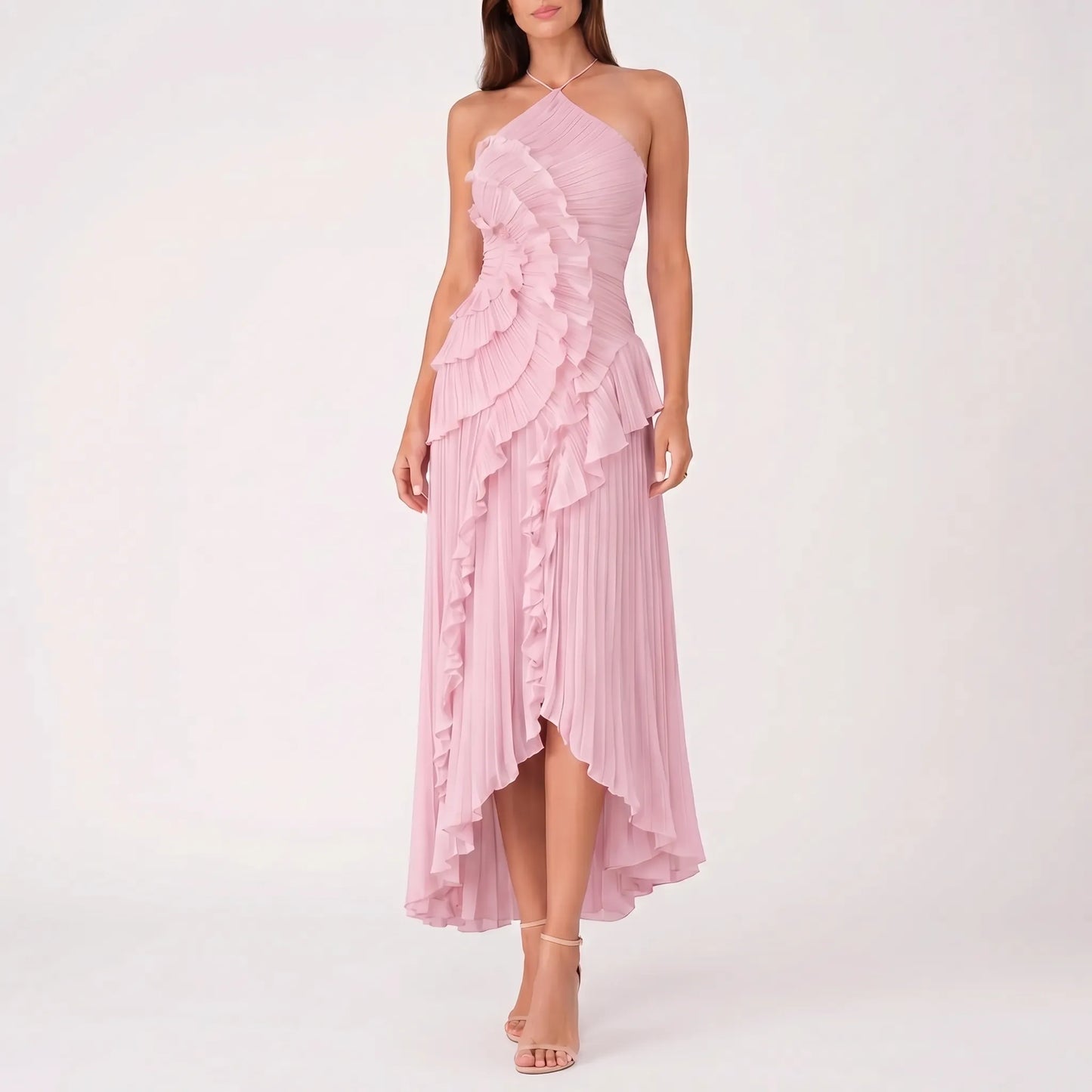 Cascadia | Sleeveless Halter Ruffle Maxi Dress
