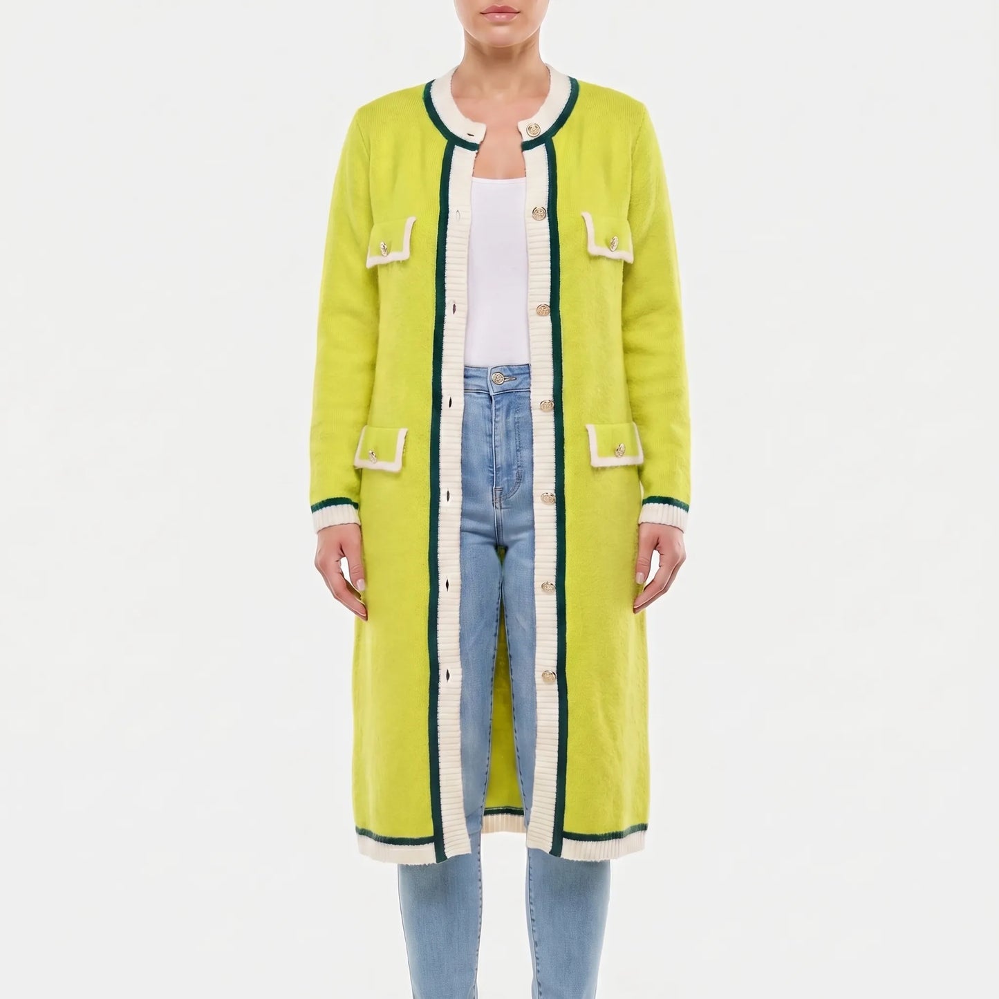 Colourvia | Long Knit Button-Up Colour Block Cardigan