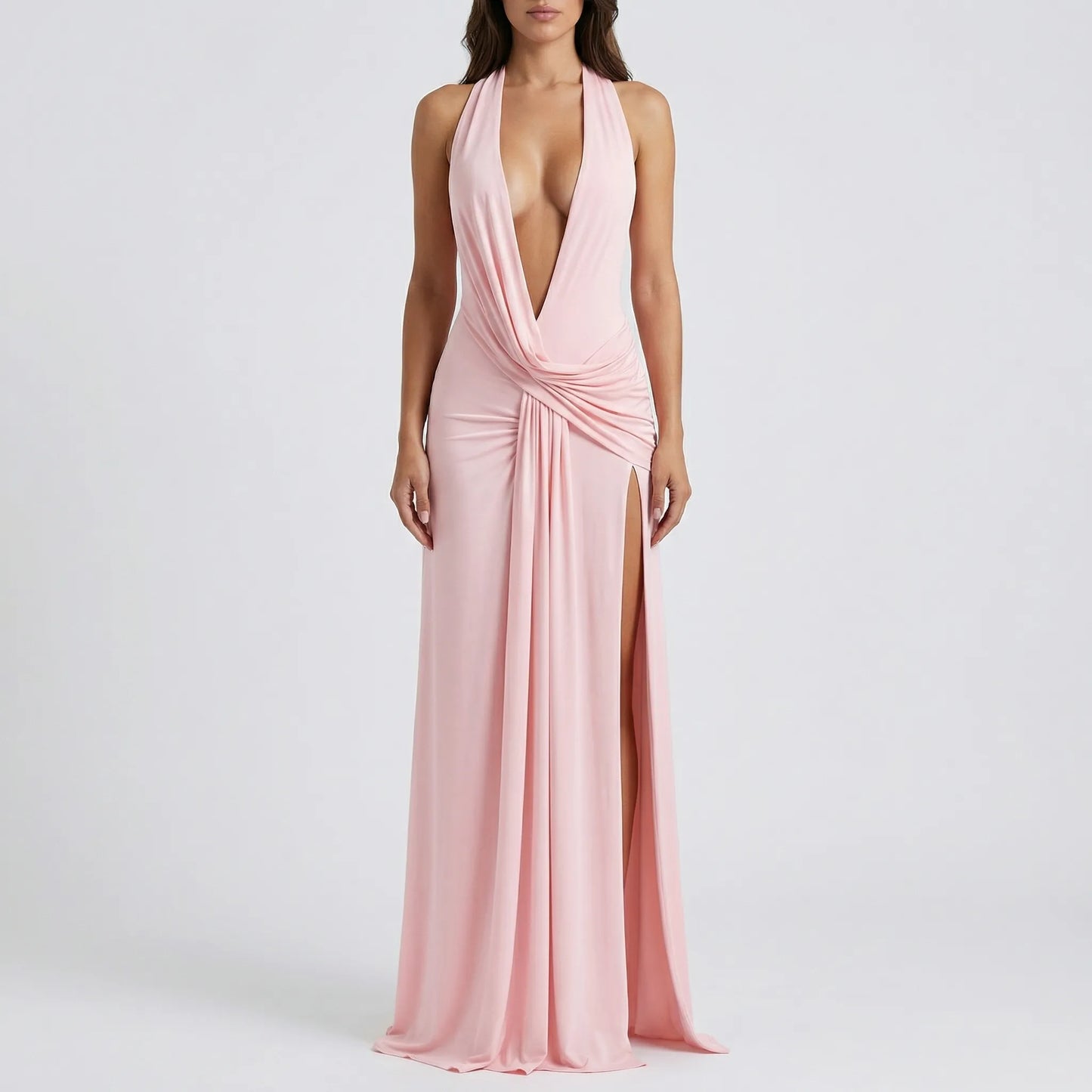 Drapexa - High-Waist Halter Neck Maxi Dress