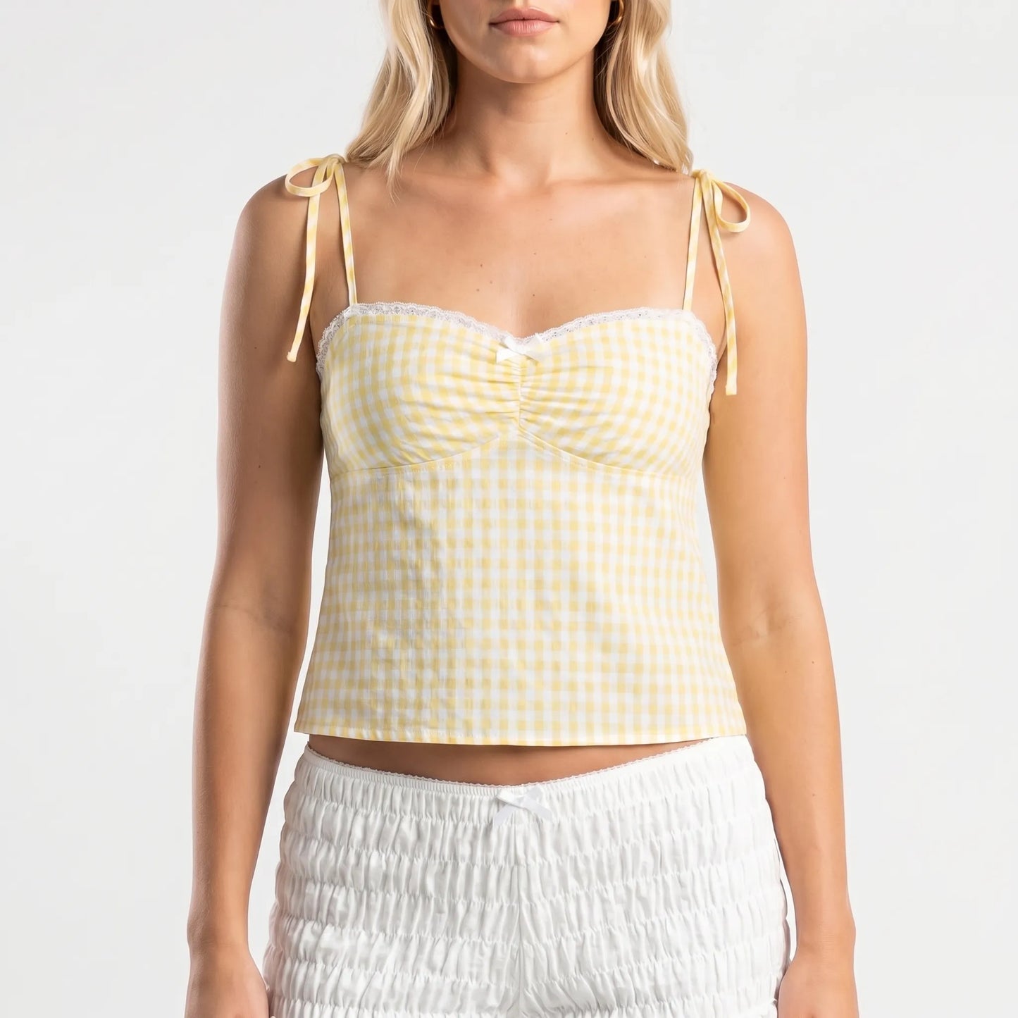 Gingella | Gingham Print Lace-Trim Crop Top