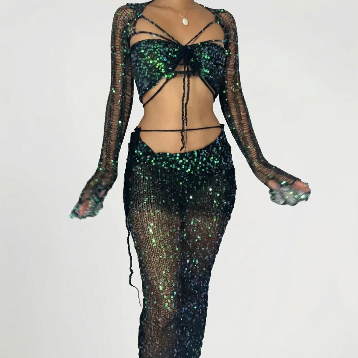 Glitzura - Sequin Open-Knit Two-Piece Set