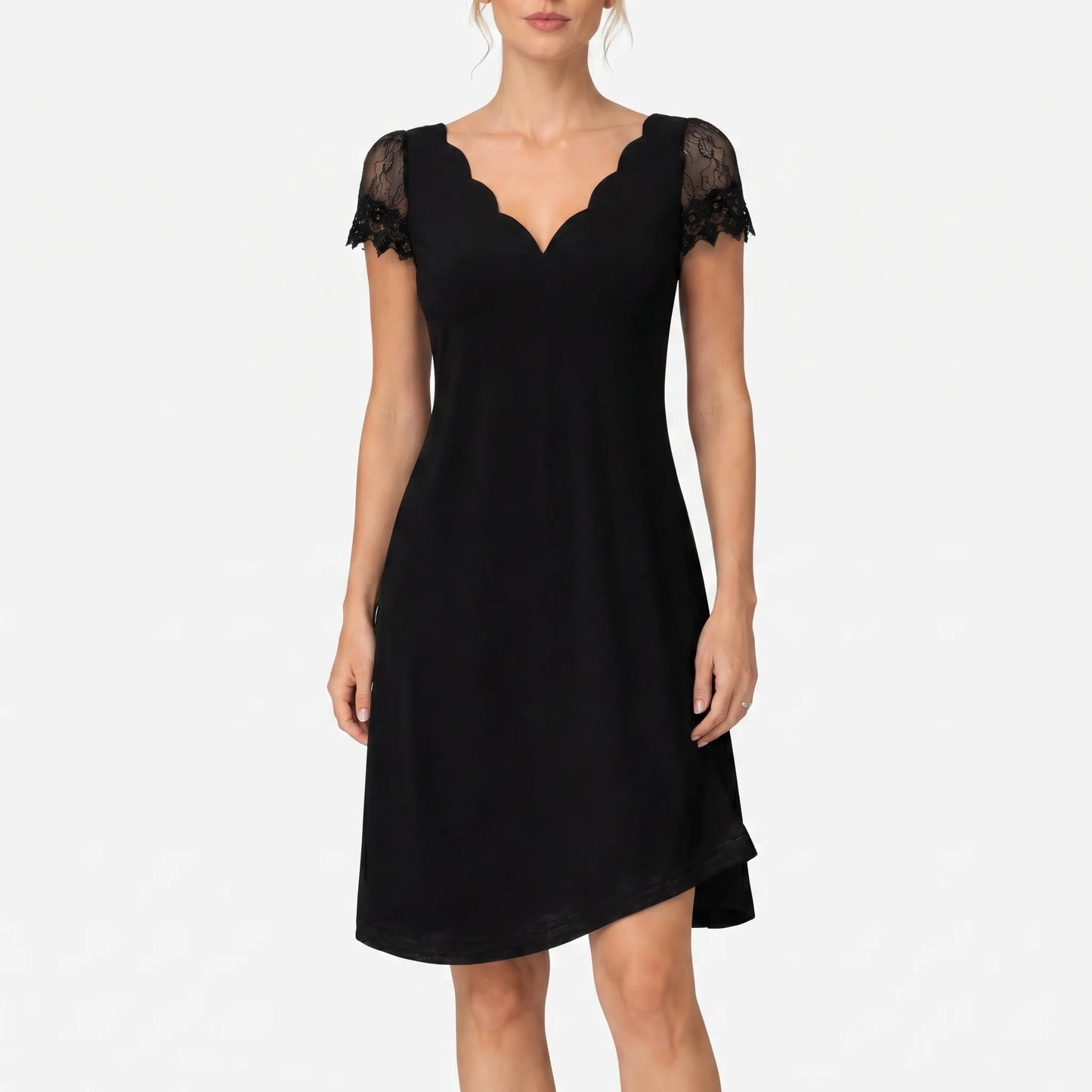 Scalloura | Fitted V-Neck Lace Sleeve Short Dress