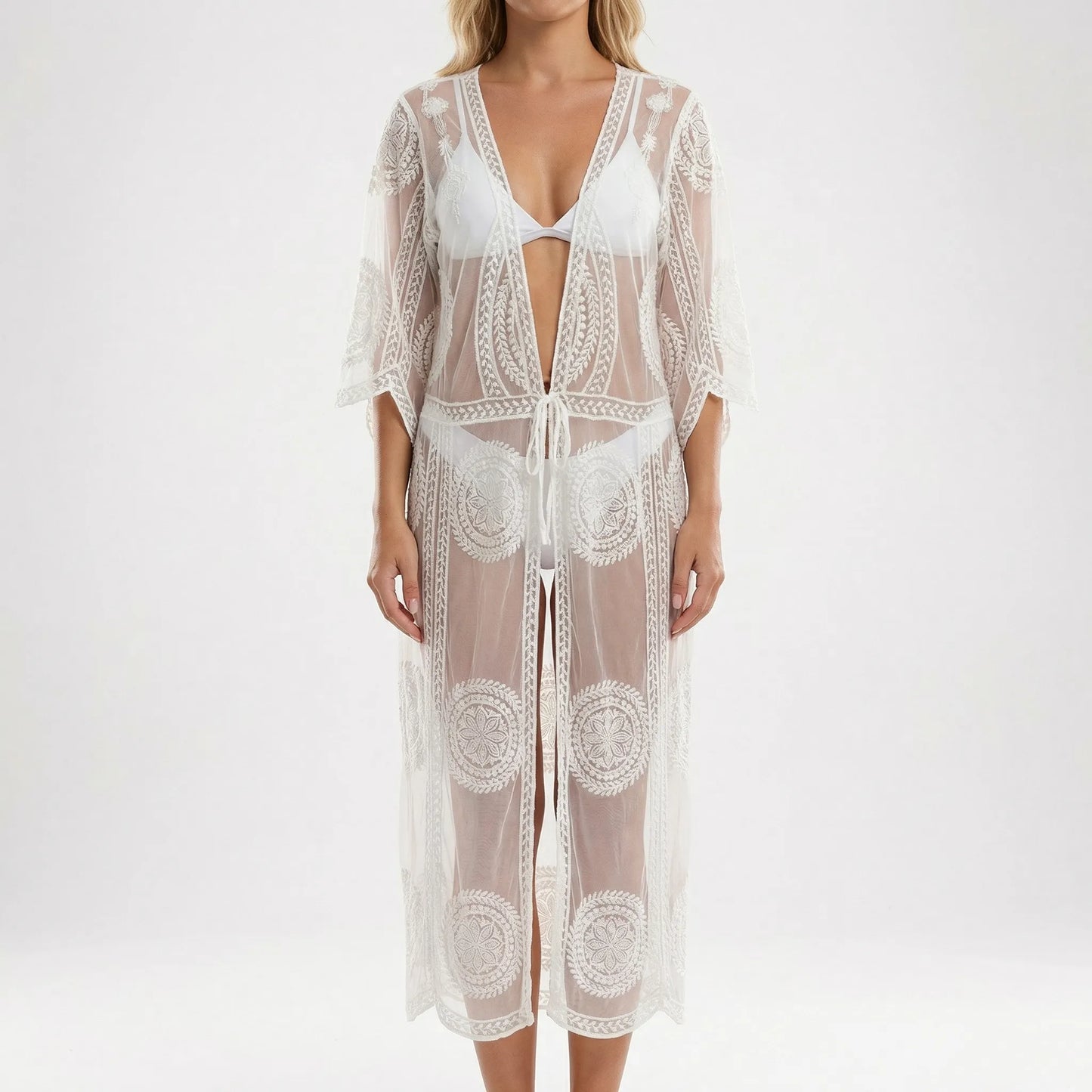 Shoralia | Sheer Lace Embroidered Kimono Cover-Up