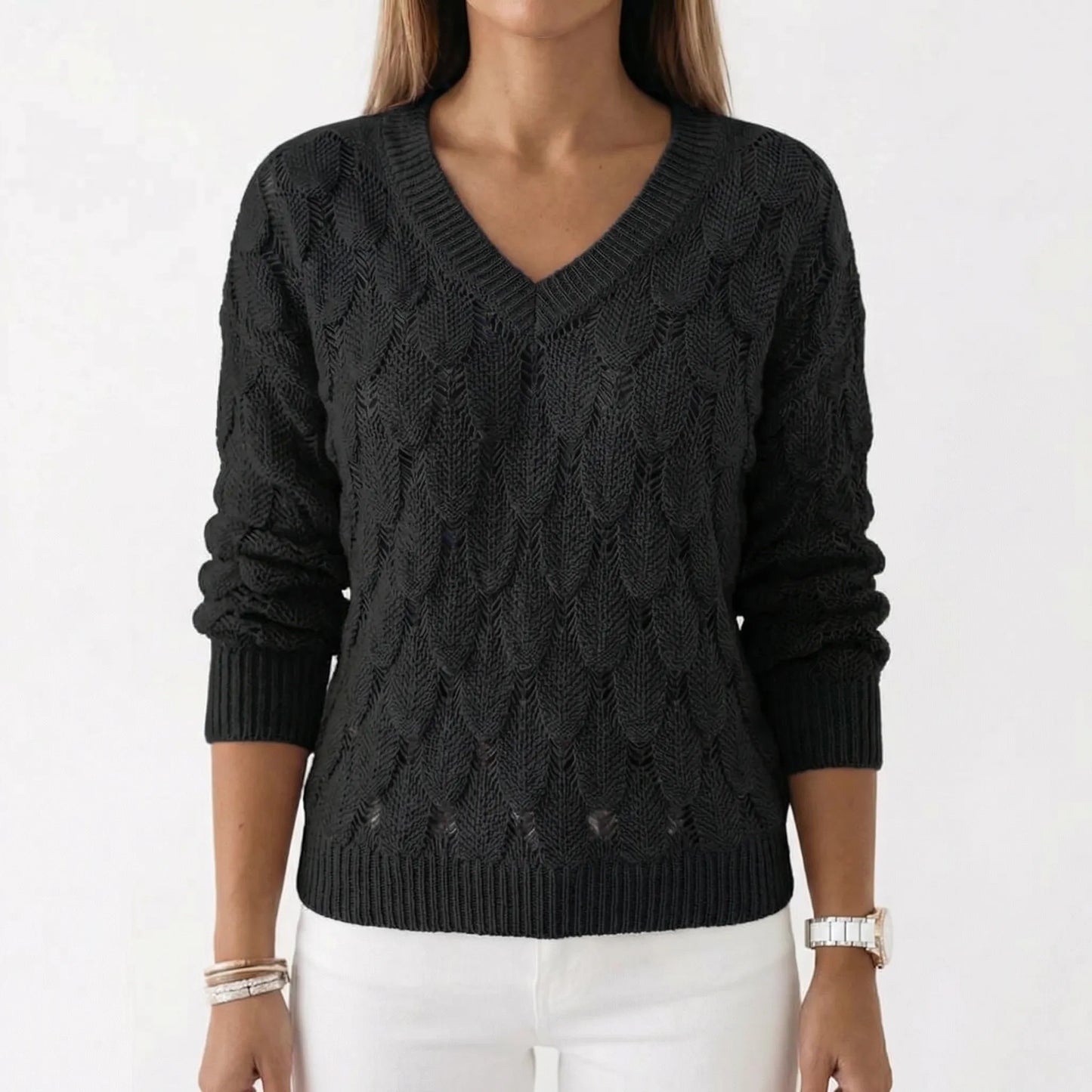 Velnara | V-Neck Openwork Knit Jumper