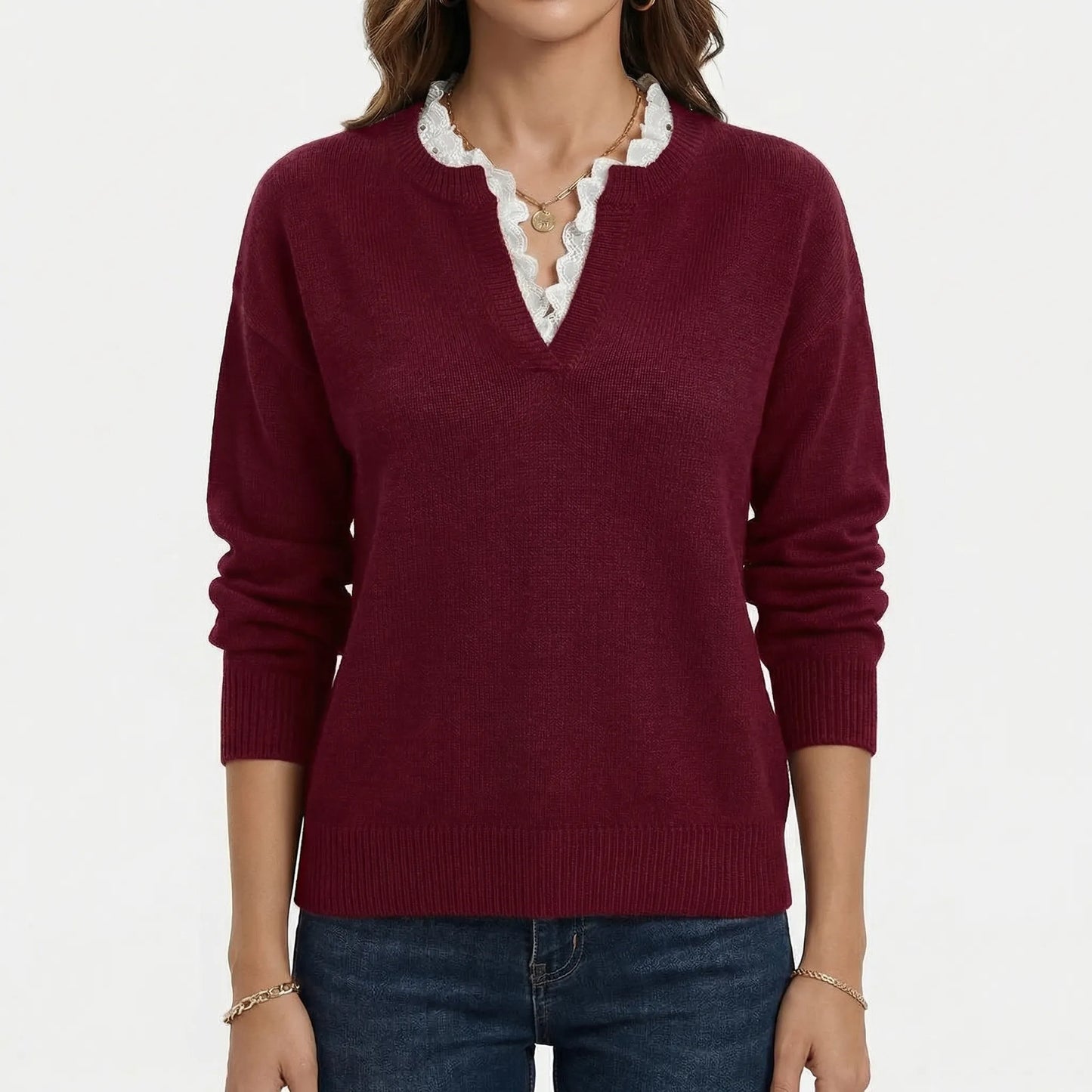 Velorie | V-Neck Jumper With Lace Trim Detail