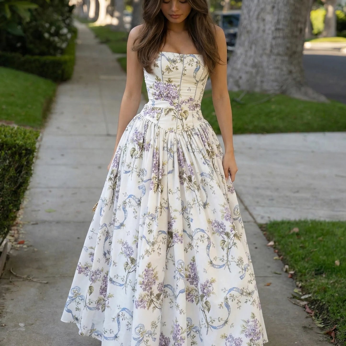 Blossarie - Strapless Ankle-Length Floral Dress