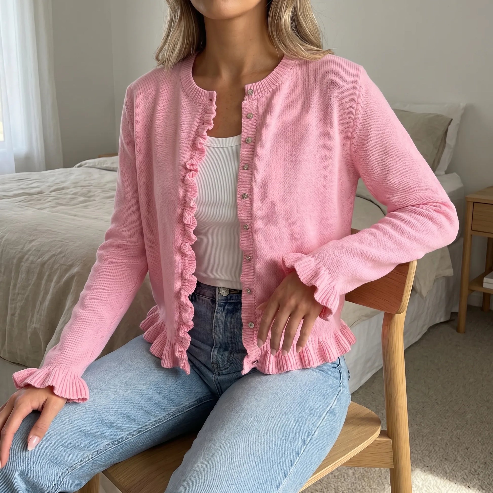 Blushknit | Slim Fit Ruffle Trim Cardigan