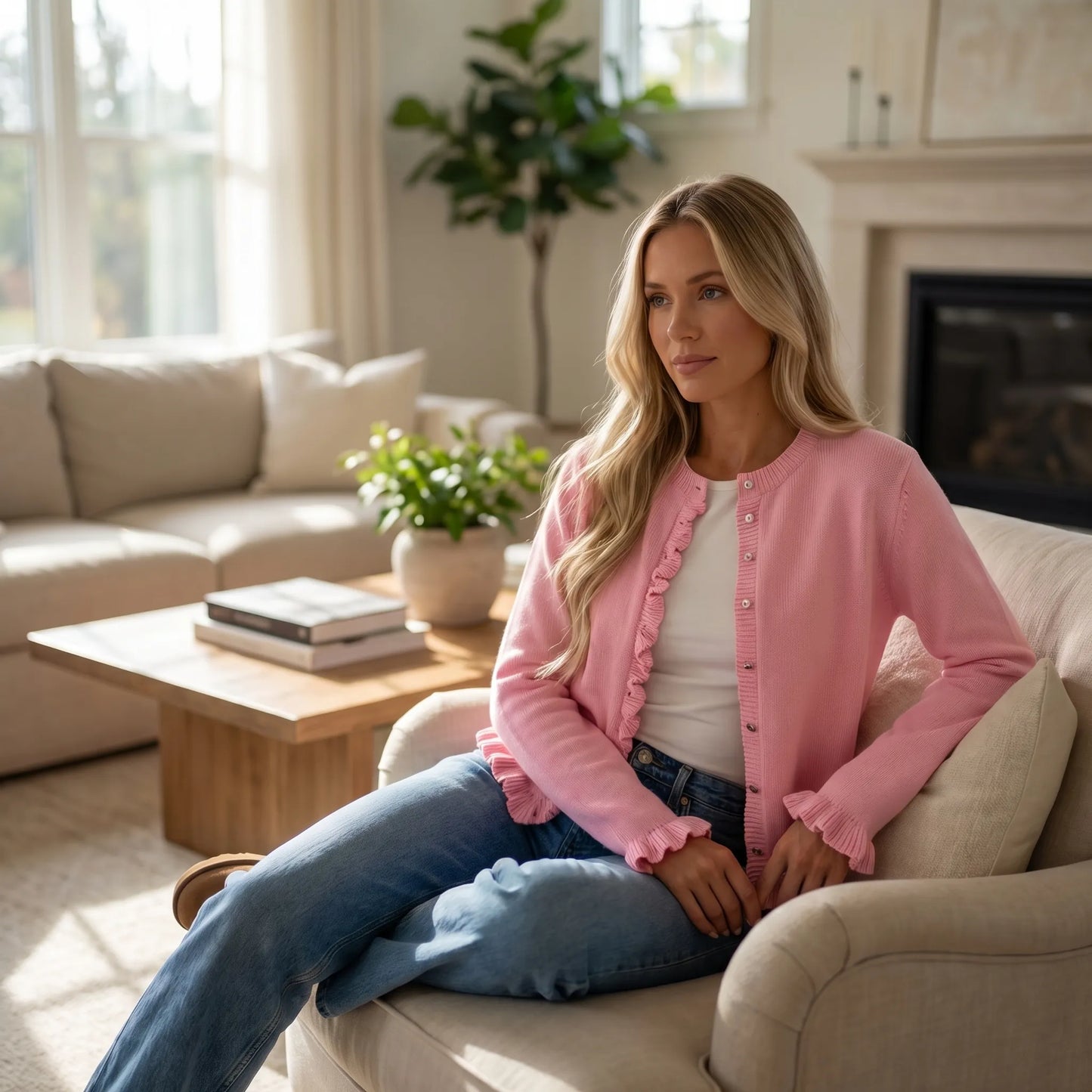 Blushknit | Slim Fit Ruffle Trim Cardigan