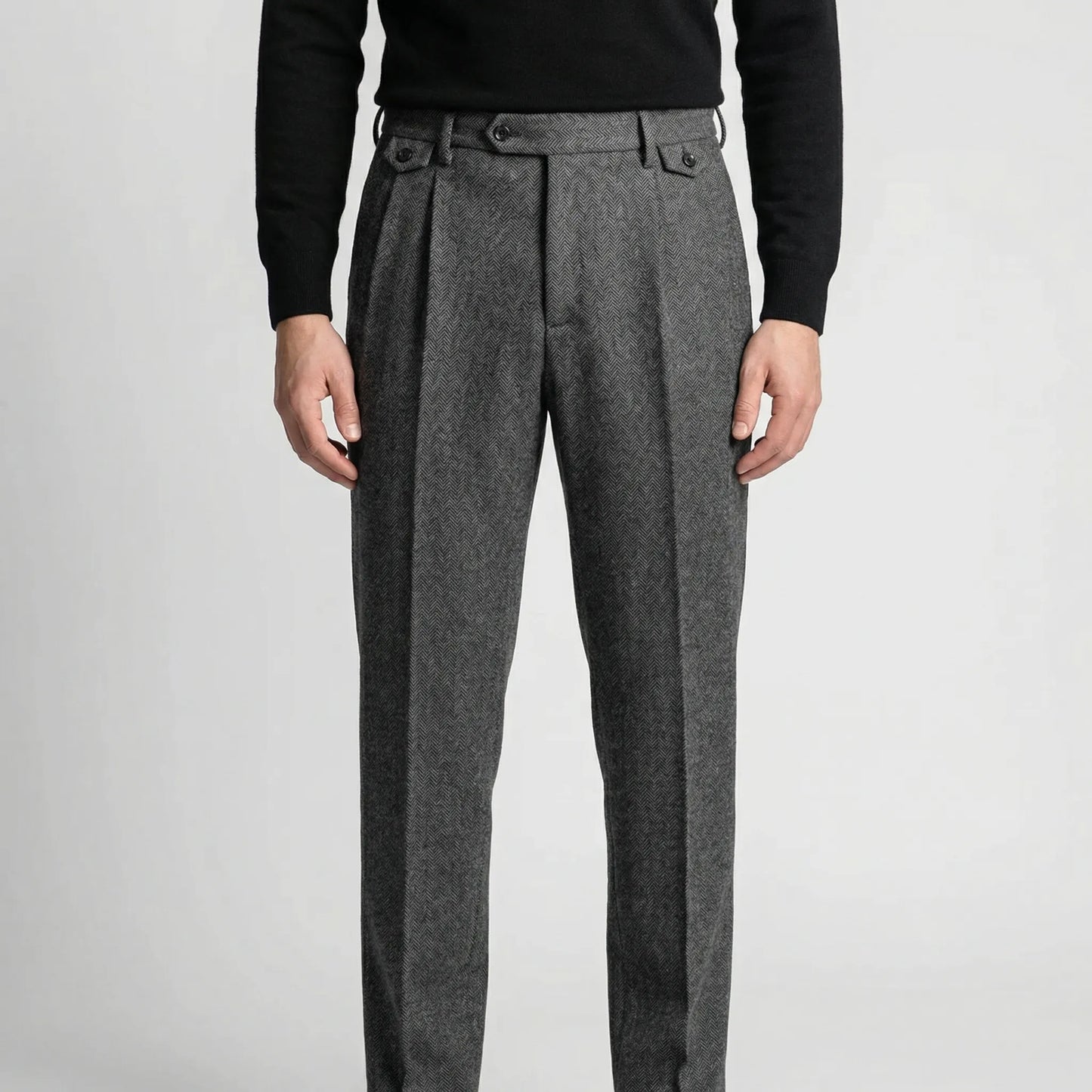 Brixton - High-Waist Pleated Herringbone Trousers