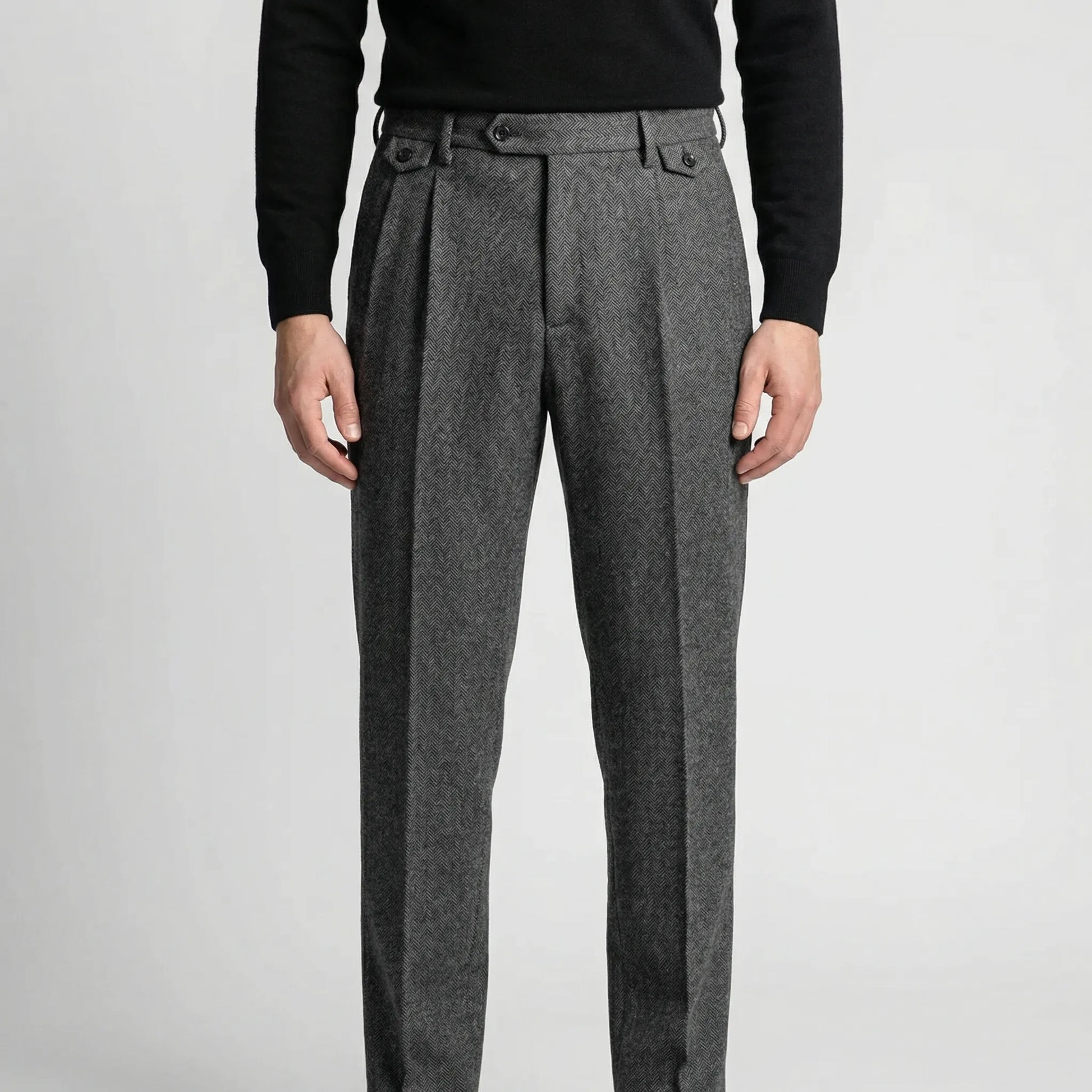 Brixton - High-Waist Pleated Herringbone Trousers