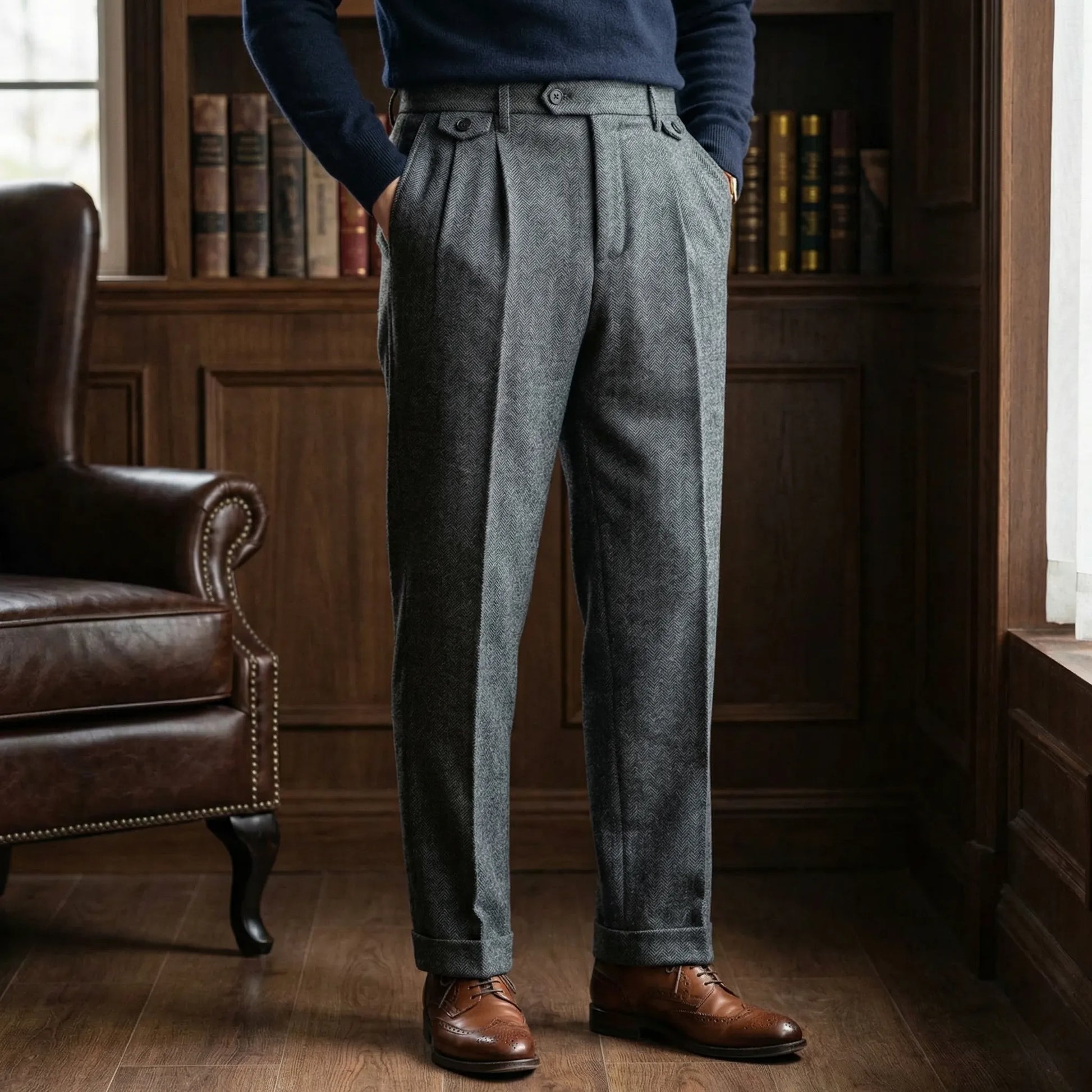 Brixton - High-Waist Pleated Herringbone Trousers