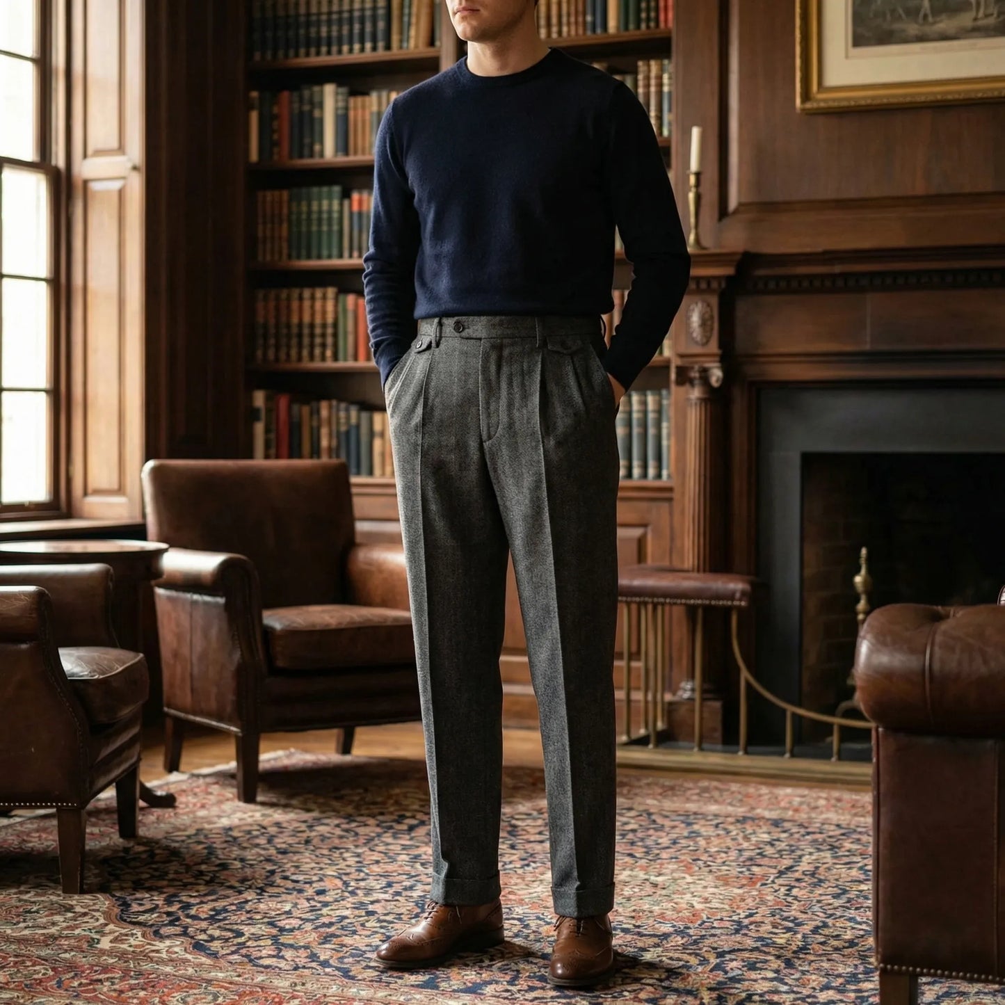 Brixton - High-Waist Pleated Herringbone Trousers
