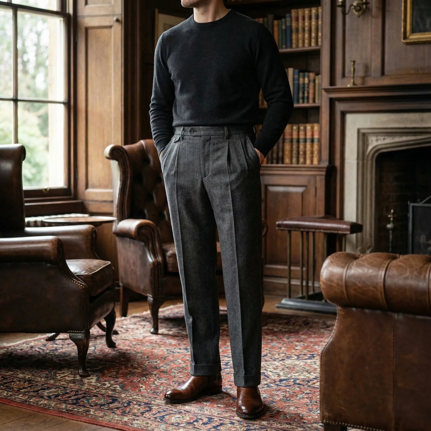 Brixton - High-Waist Pleated Herringbone Trousers