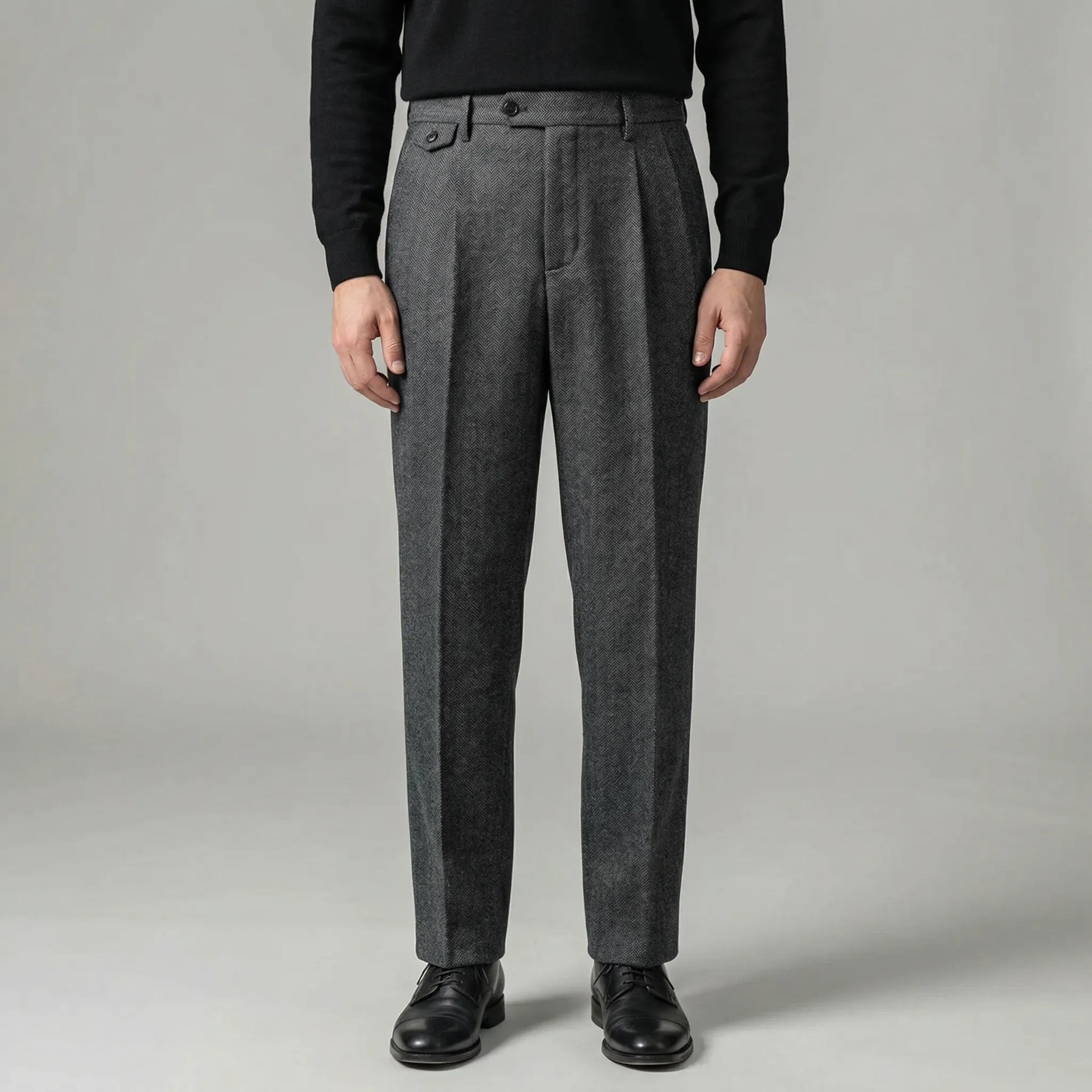 Brixton - High-Waist Pleated Herringbone Trousers