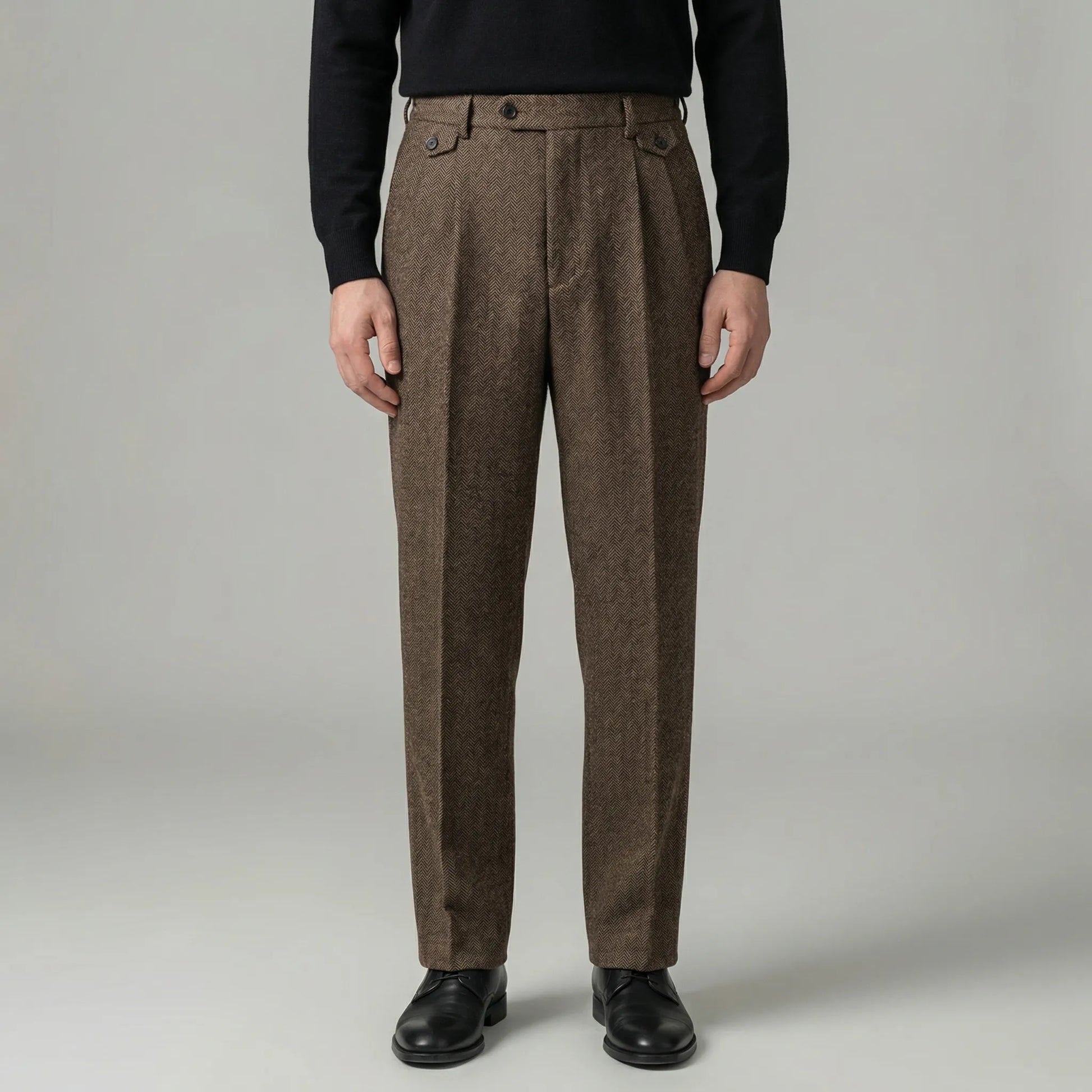 Brixton - High-Waist Pleated Herringbone Trousers