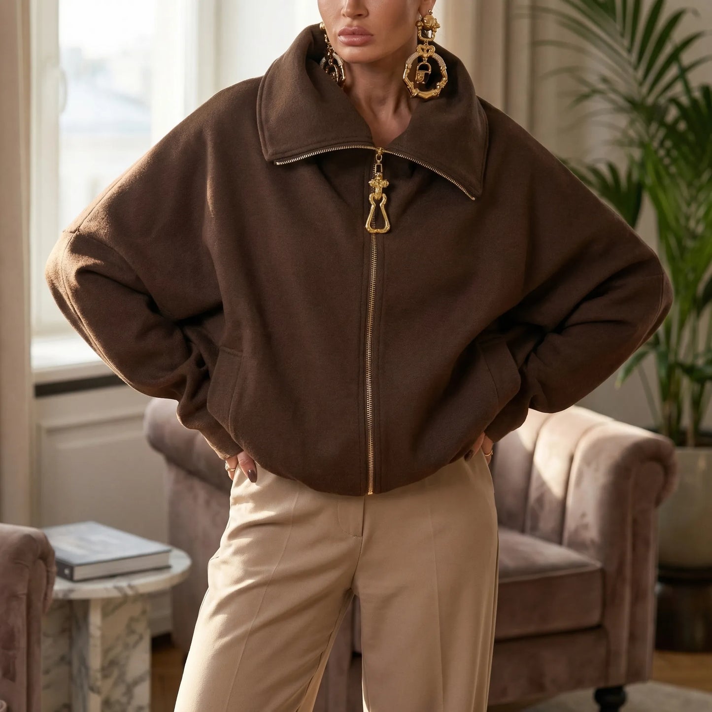 Bruvelle - Oversized Zip-Up Cropped Jacket