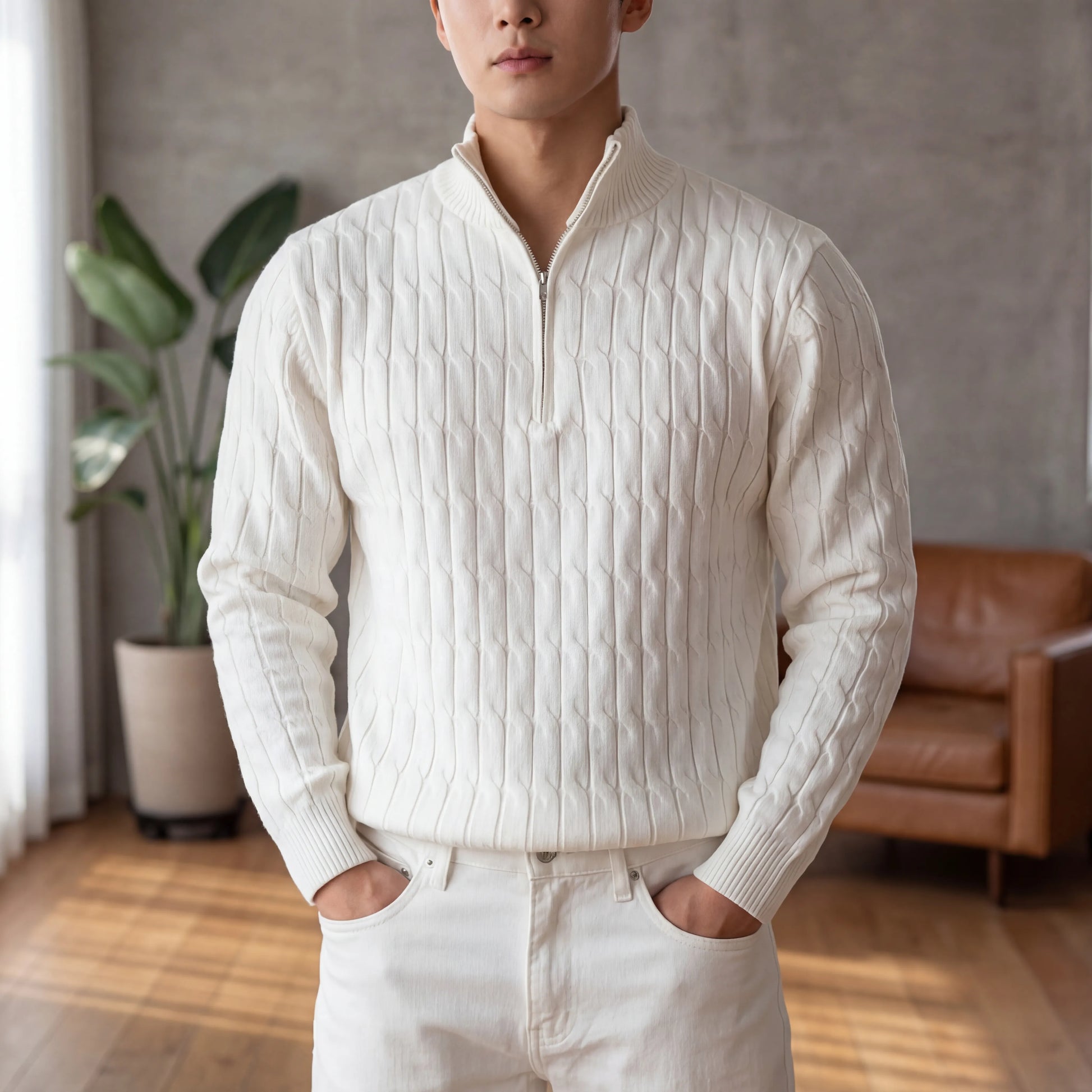 Cableux - Cable Knit Half-Zip Pullover Sweater