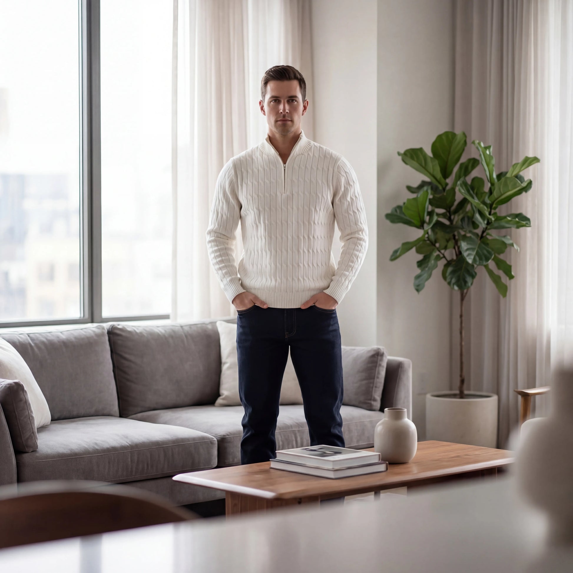 Cableux - Cable Knit Half-Zip Pullover Sweater