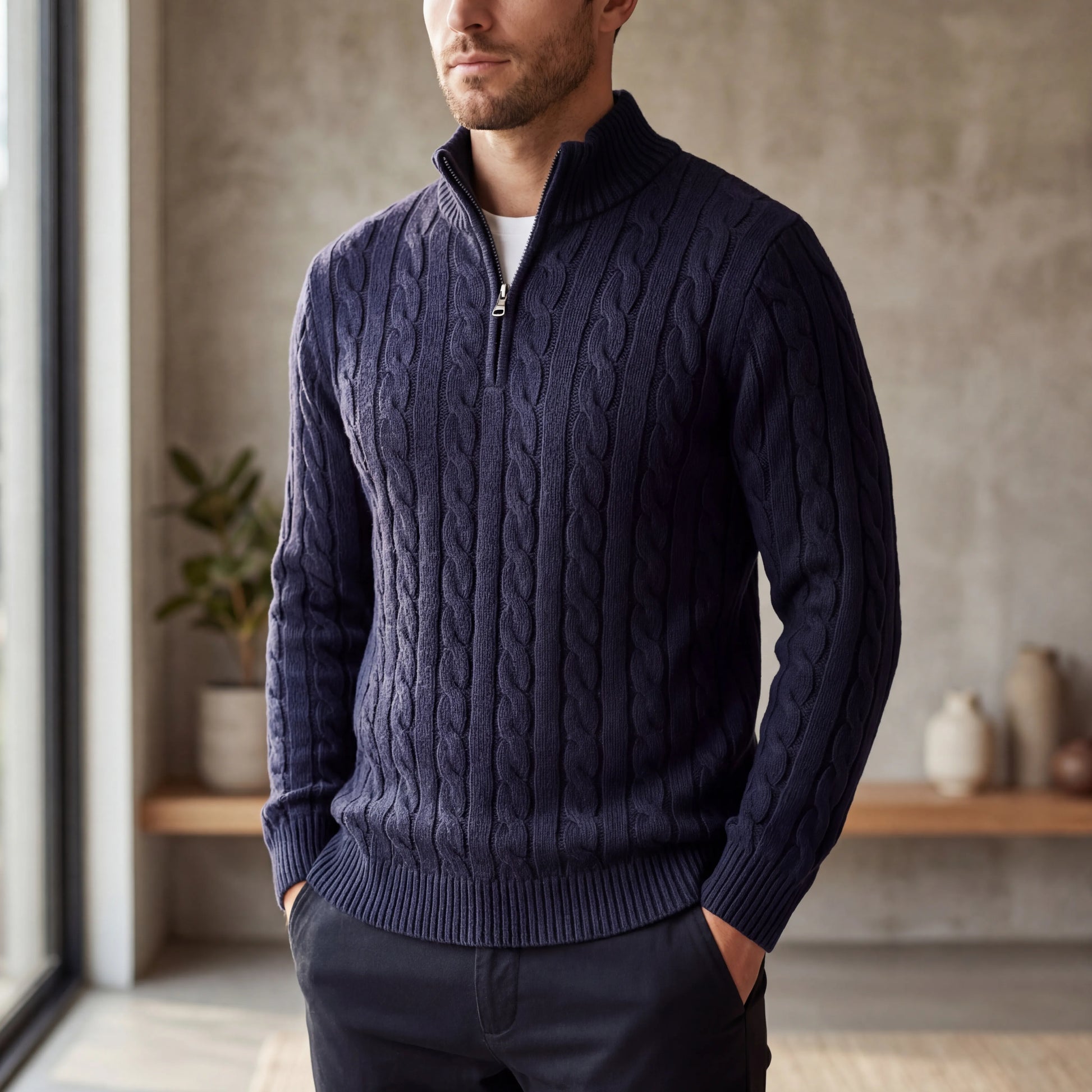 Cablorn - Cable Knit Half-Zip Pullover Sweater