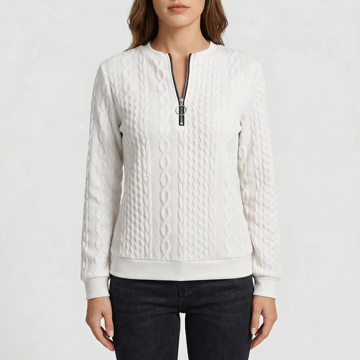 Cabluxe | Cable Knit Zip-Neck Ladies Jumper