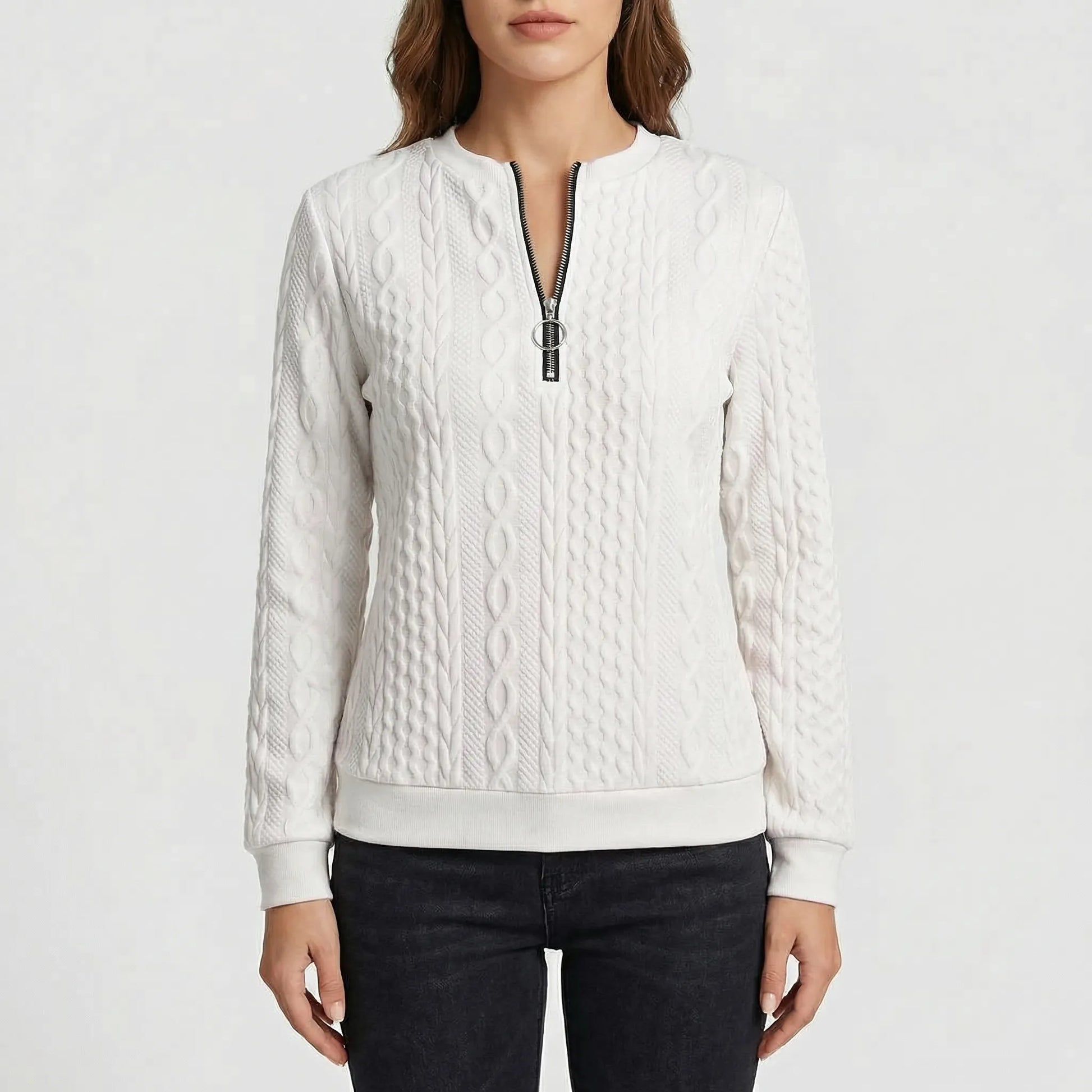 Cabluxe | Cable Knit Zip-Neck Ladies Jumper