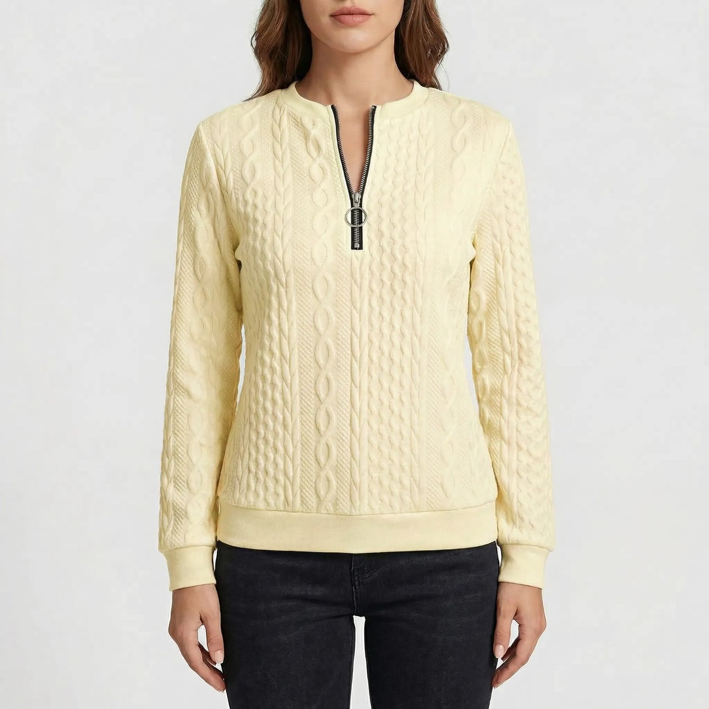 Cabluxe | Cable Knit Zip-Neck Ladies Jumper
