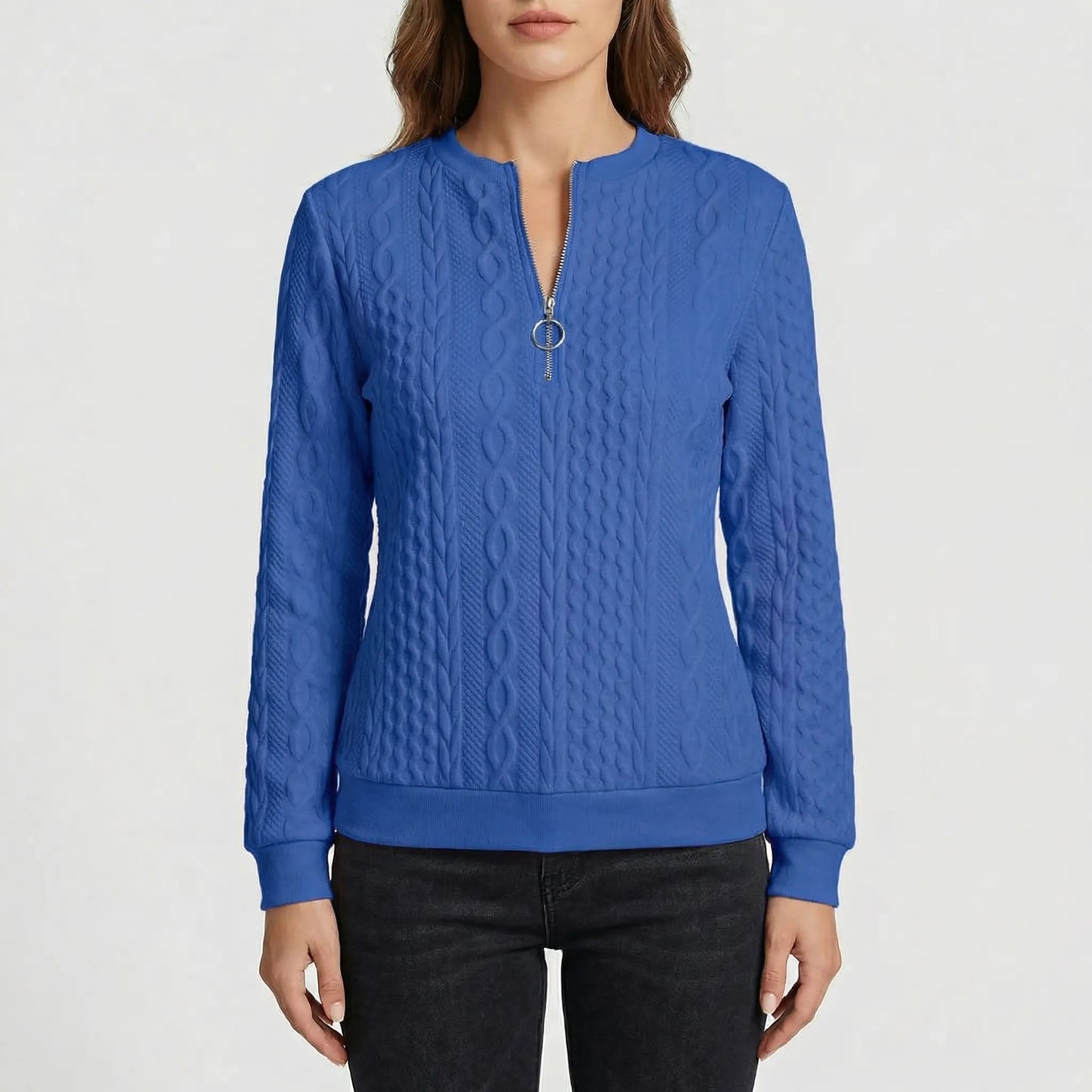 Cabluxe | Cable Knit Zip-Neck Ladies Jumper