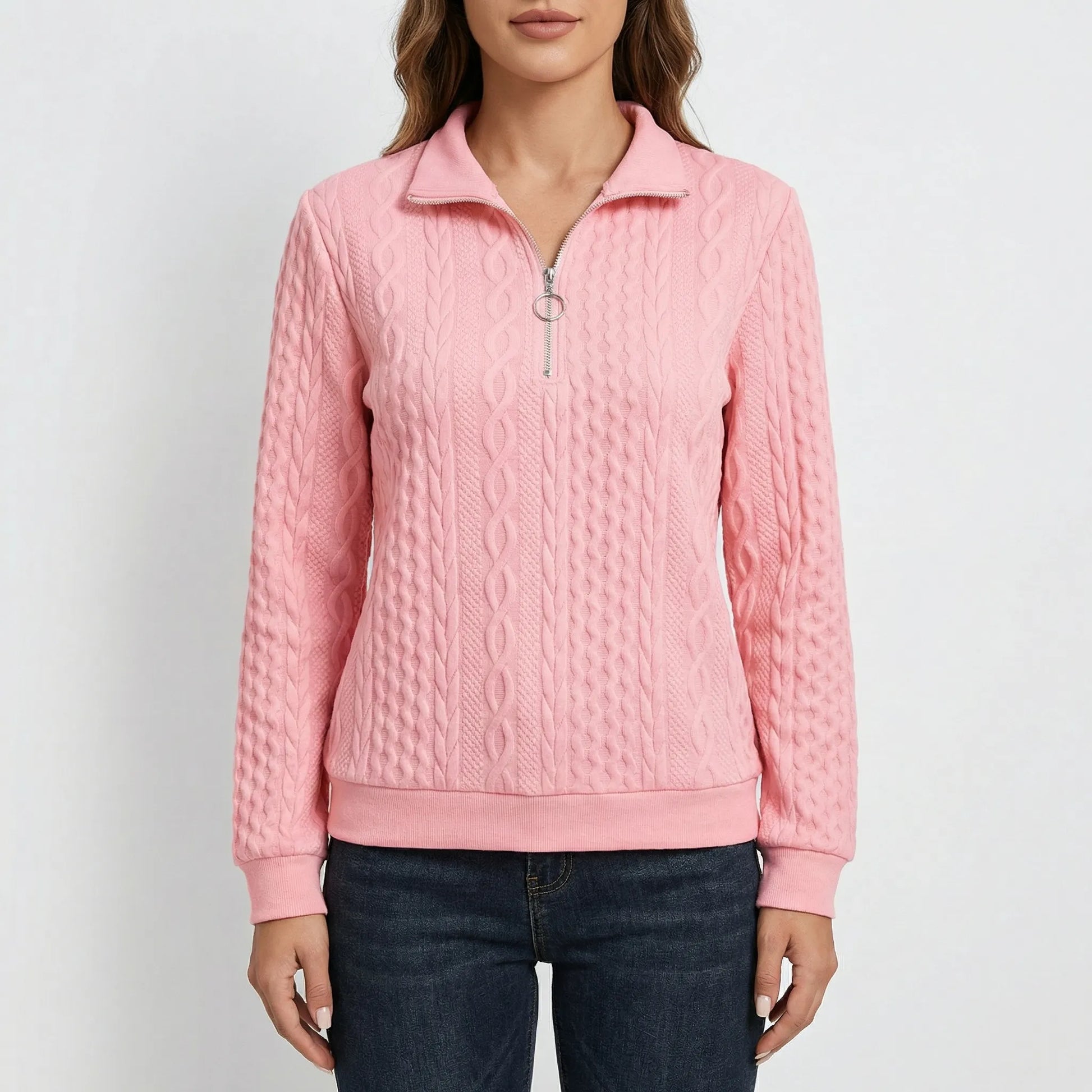 Cabluxe | Cable Knit Zip-Neck Ladies Jumper
