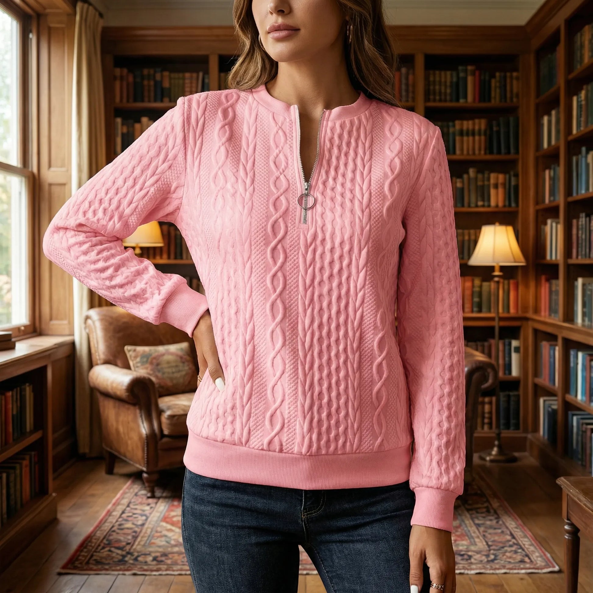 Cabluxe | Cable Knit Zip-Neck Ladies Jumper