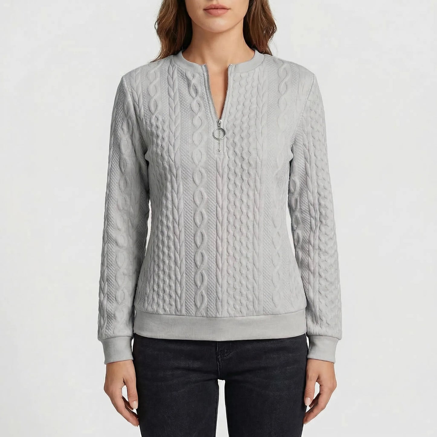 Cabluxe | Cable Knit Zip-Neck Ladies Jumper