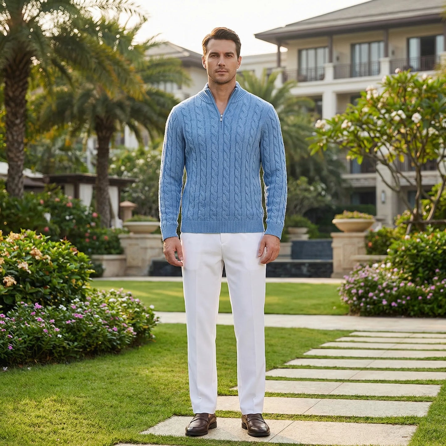 Cabrivo - Cable Knit Zip Sweater And Trouser Set