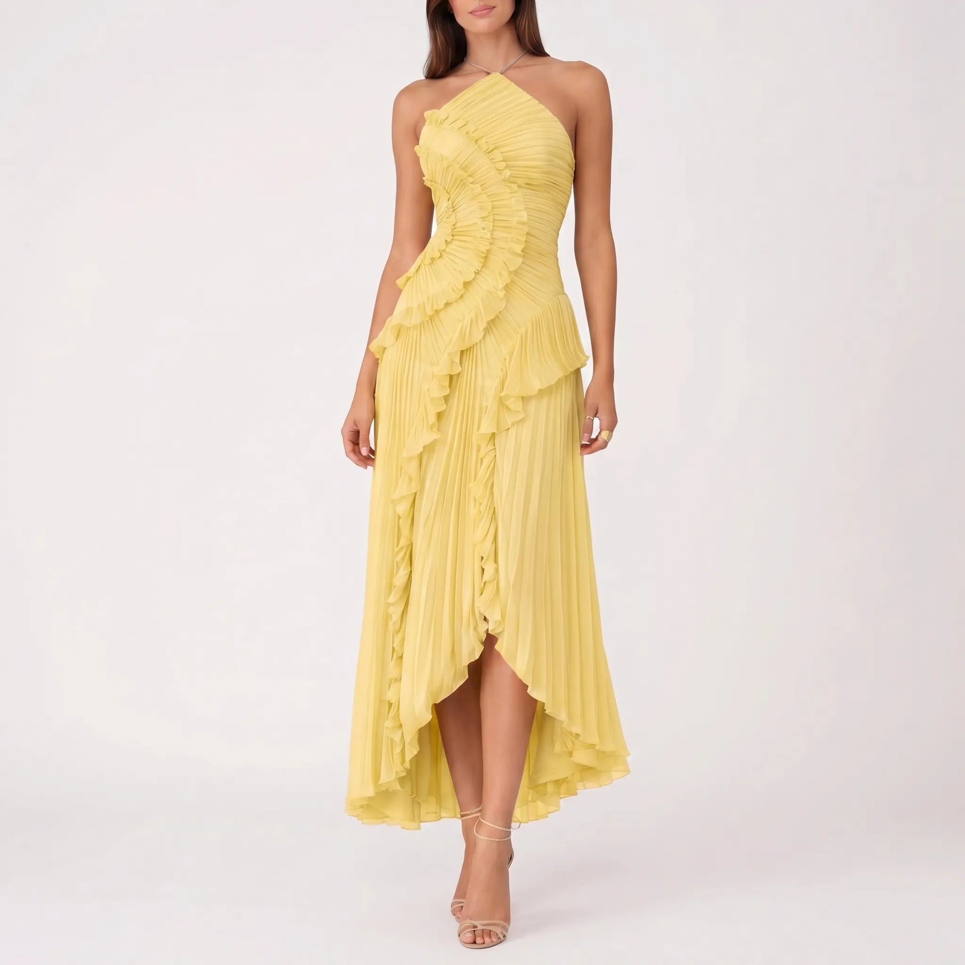 Cascadia | Sleeveless Halter Ruffle Maxi Dress