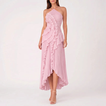 Cascadia | Sleeveless Halter Ruffle Maxi Dress