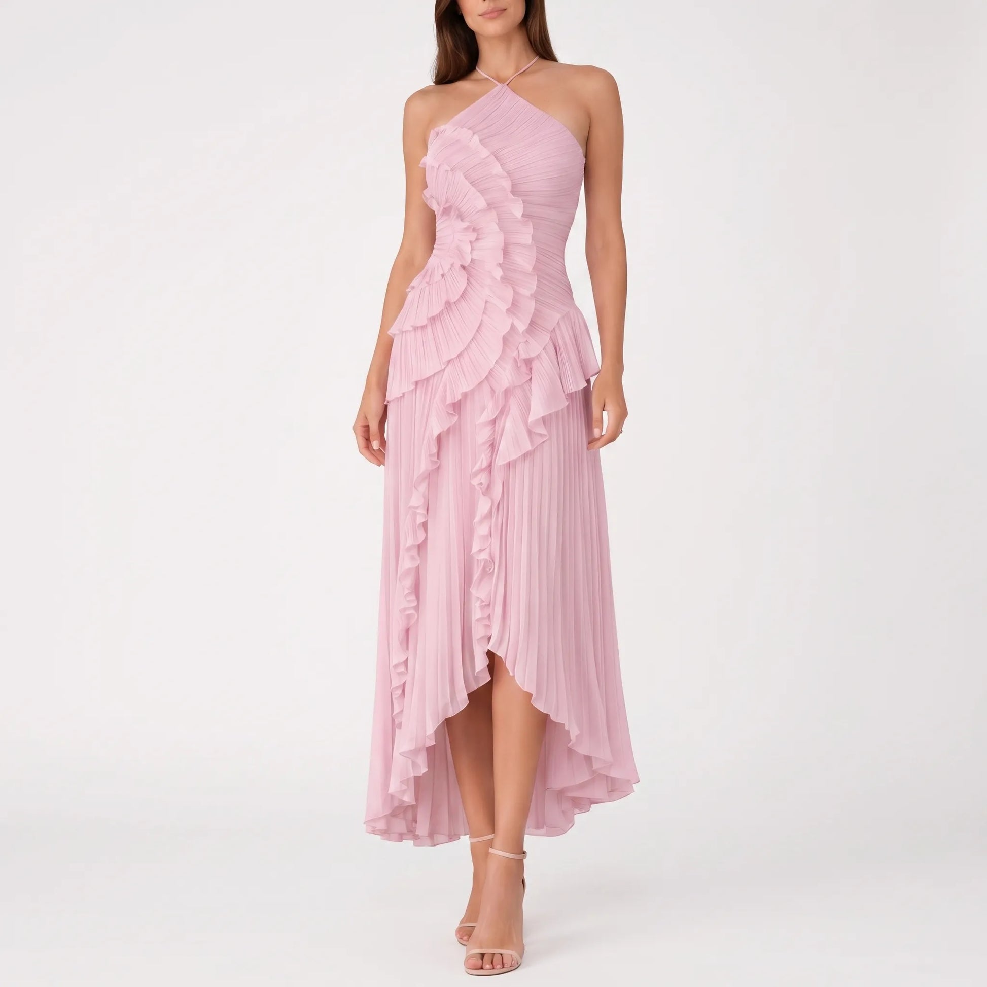 Cascadia | Sleeveless Halter Ruffle Maxi Dress