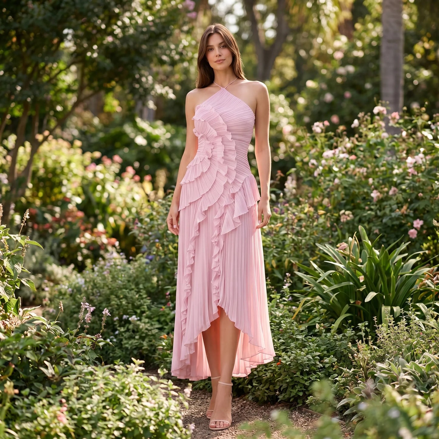 Cascadia | Sleeveless Halter Ruffle Maxi Dress