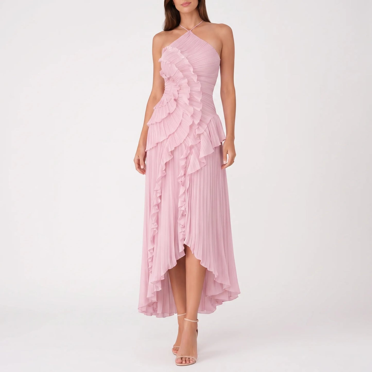 Cascadia | Sleeveless Halter Ruffle Maxi Dress
