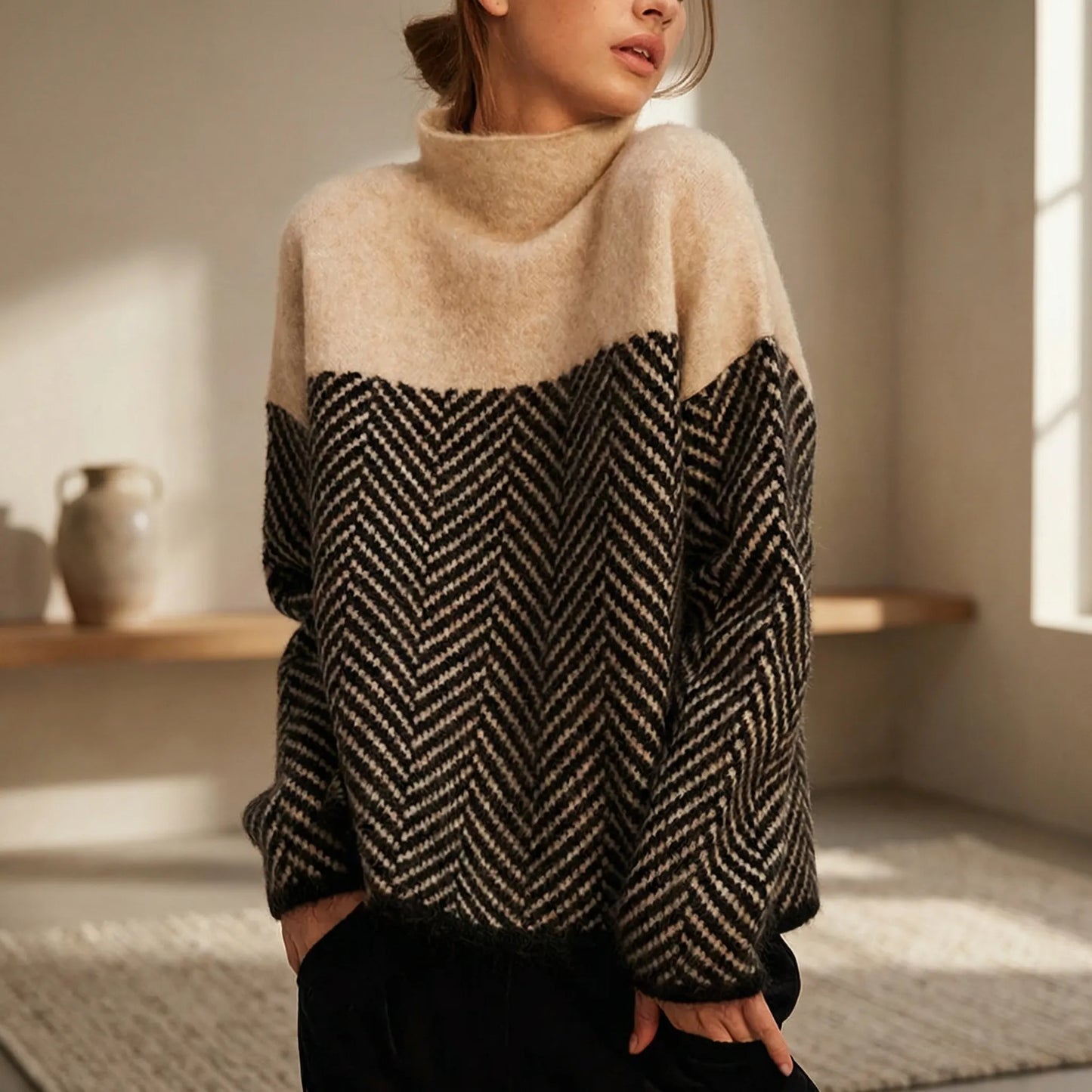 Chevrita | High-Neck Herringbone Knit Jumper