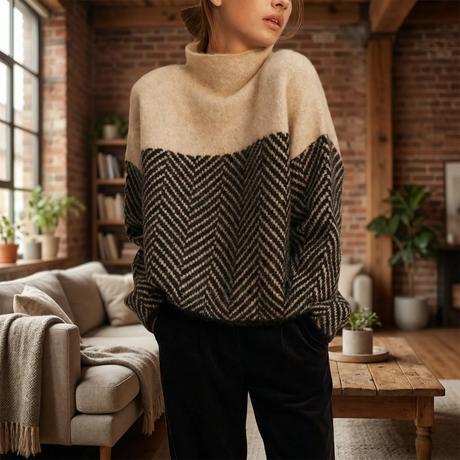 Chevrita | High-Neck Herringbone Knit Jumper