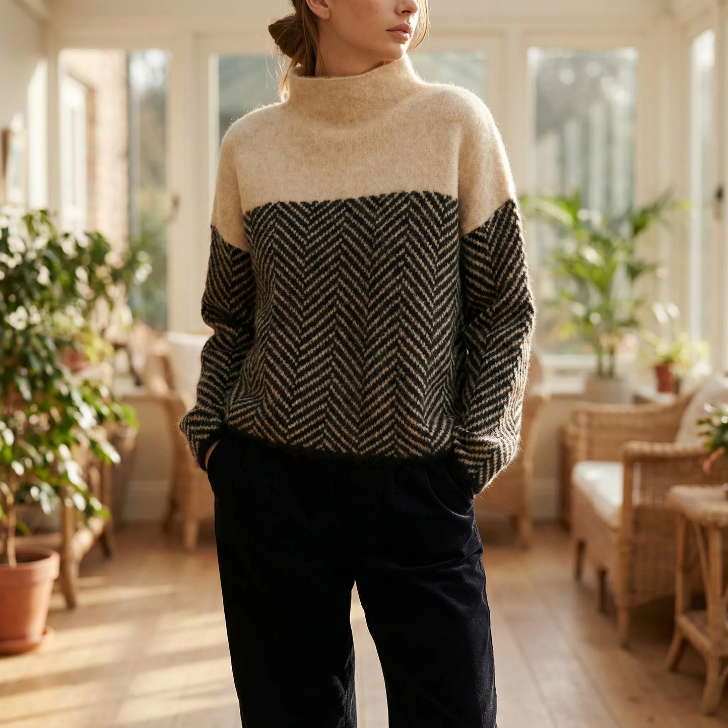 Chevrita | High-Neck Herringbone Knit Jumper