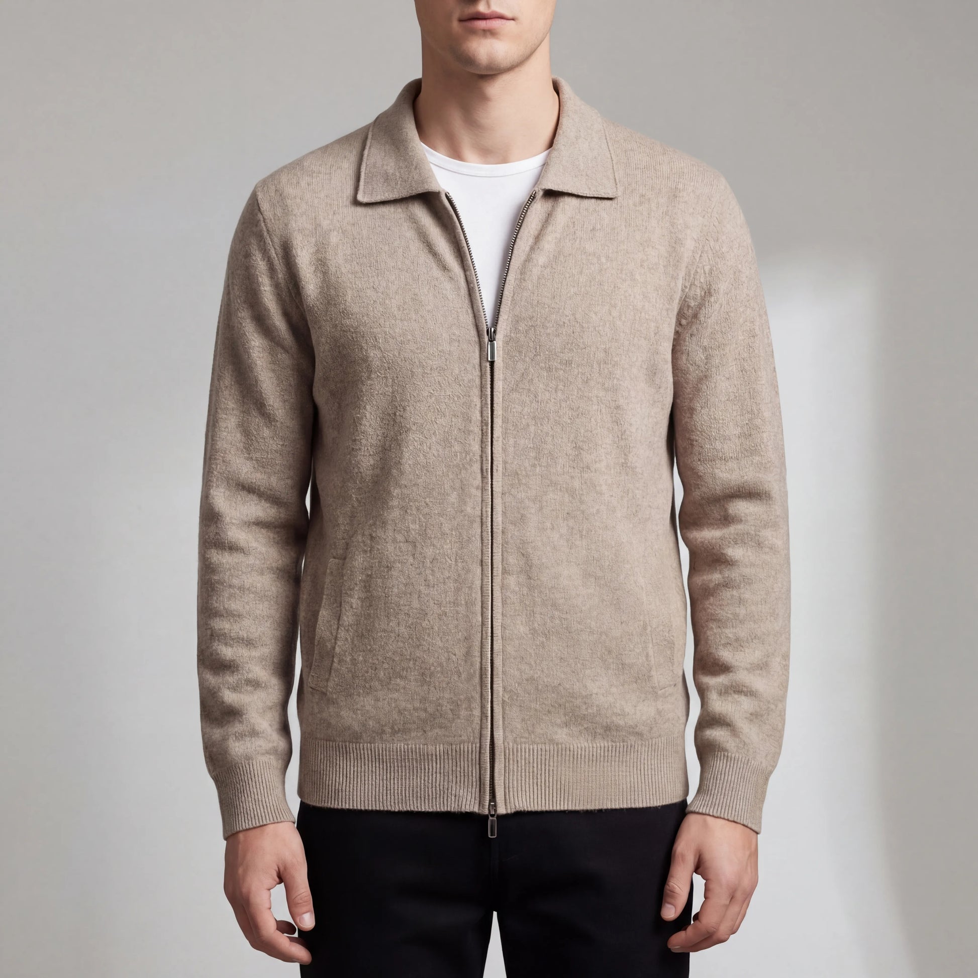 Clarevon - Zip-Up Polo Collar Knit Cardigan