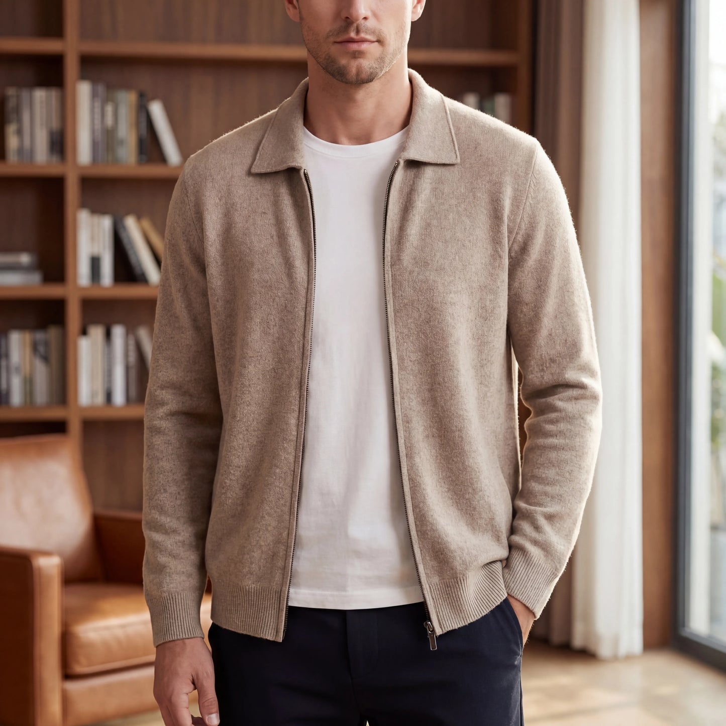 Clarevon - Zip-Up Polo Collar Knit Cardigan