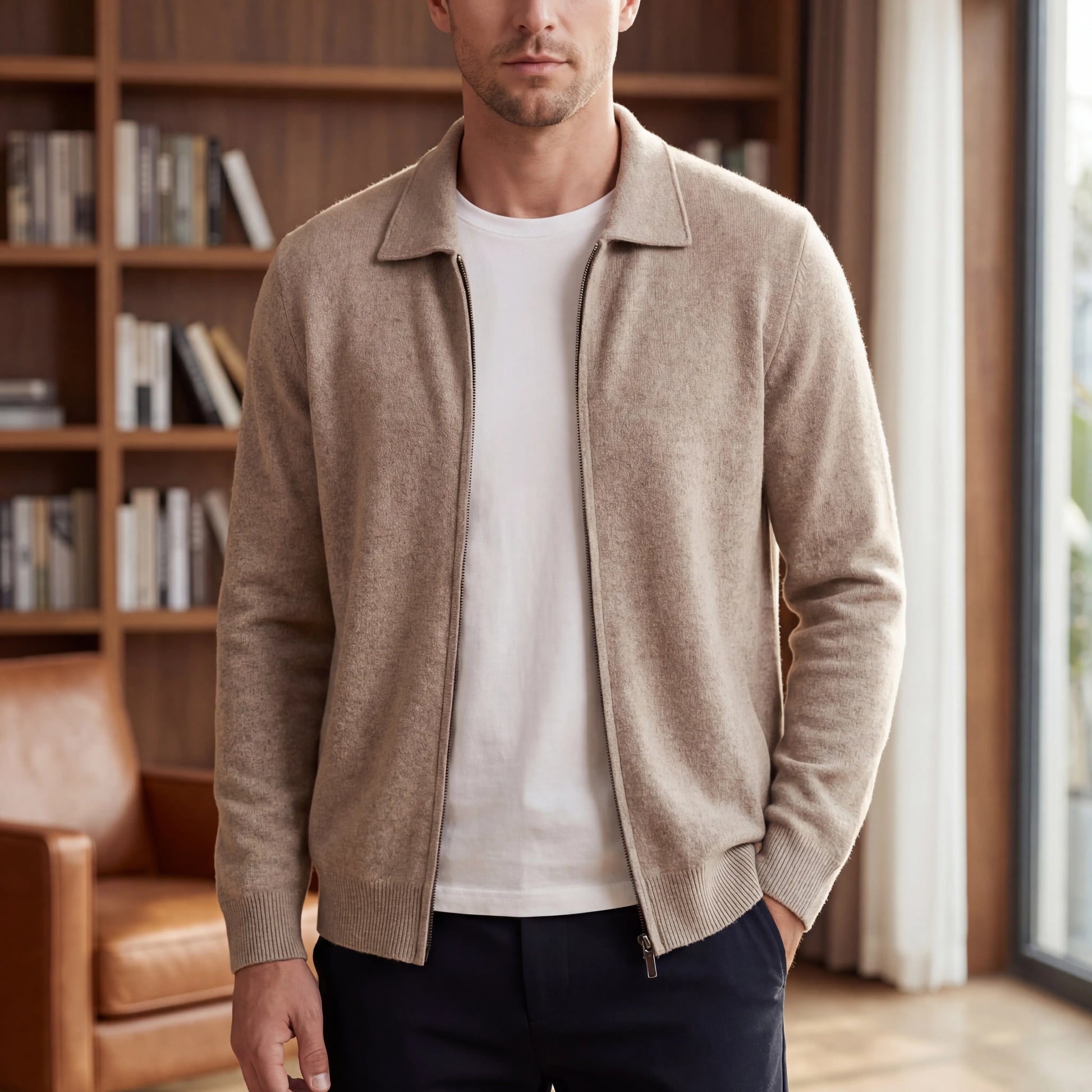 Clarevon - Zip-Up Polo Collar Knit Cardigan