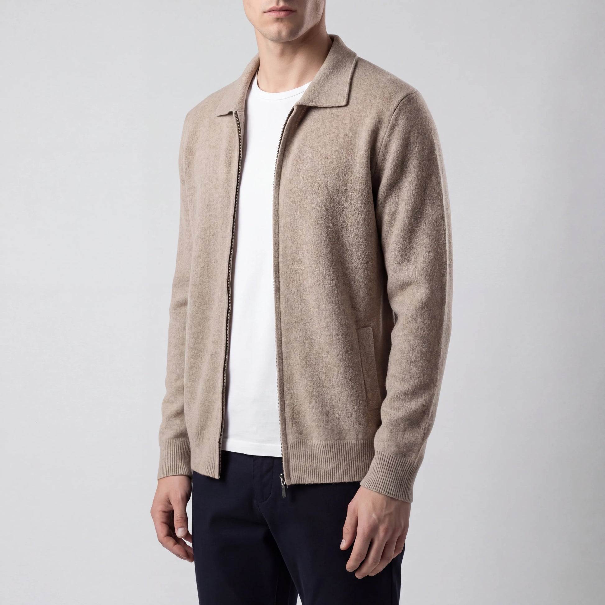 Clarevon - Zip-Up Polo Collar Knit Cardigan