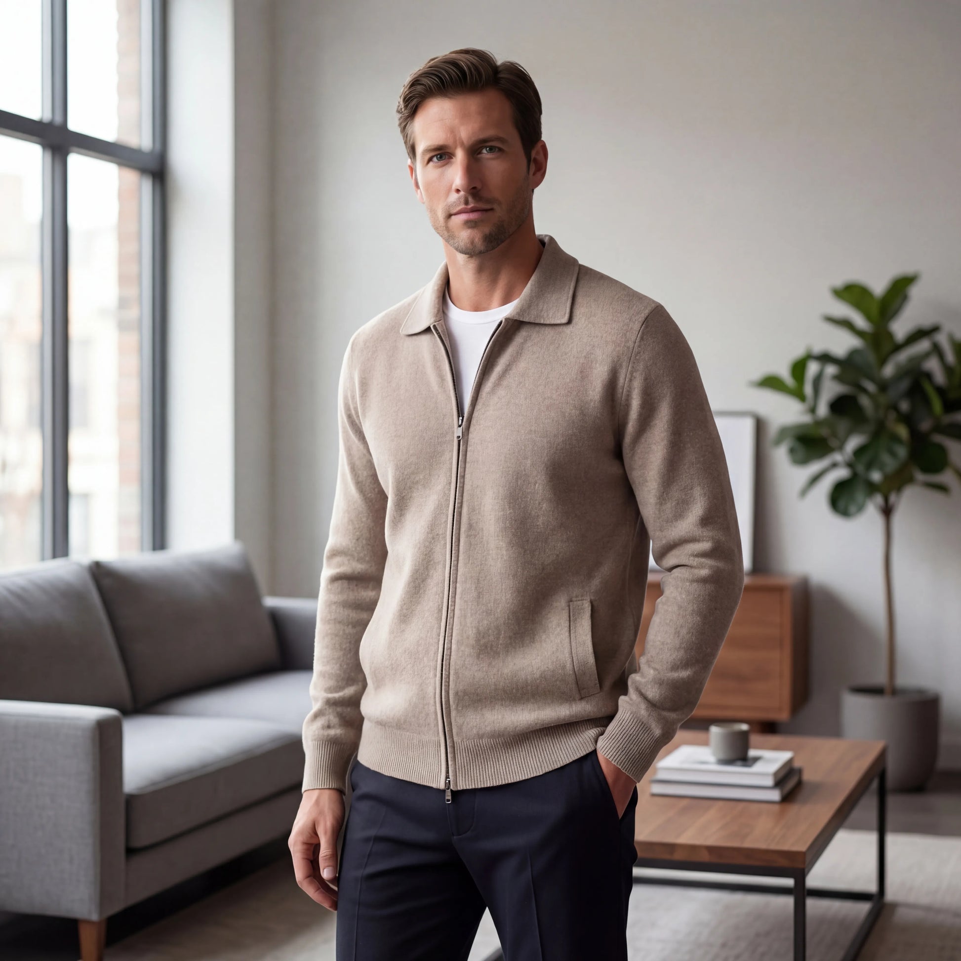 Clarevon - Zip-Up Polo Collar Knit Cardigan