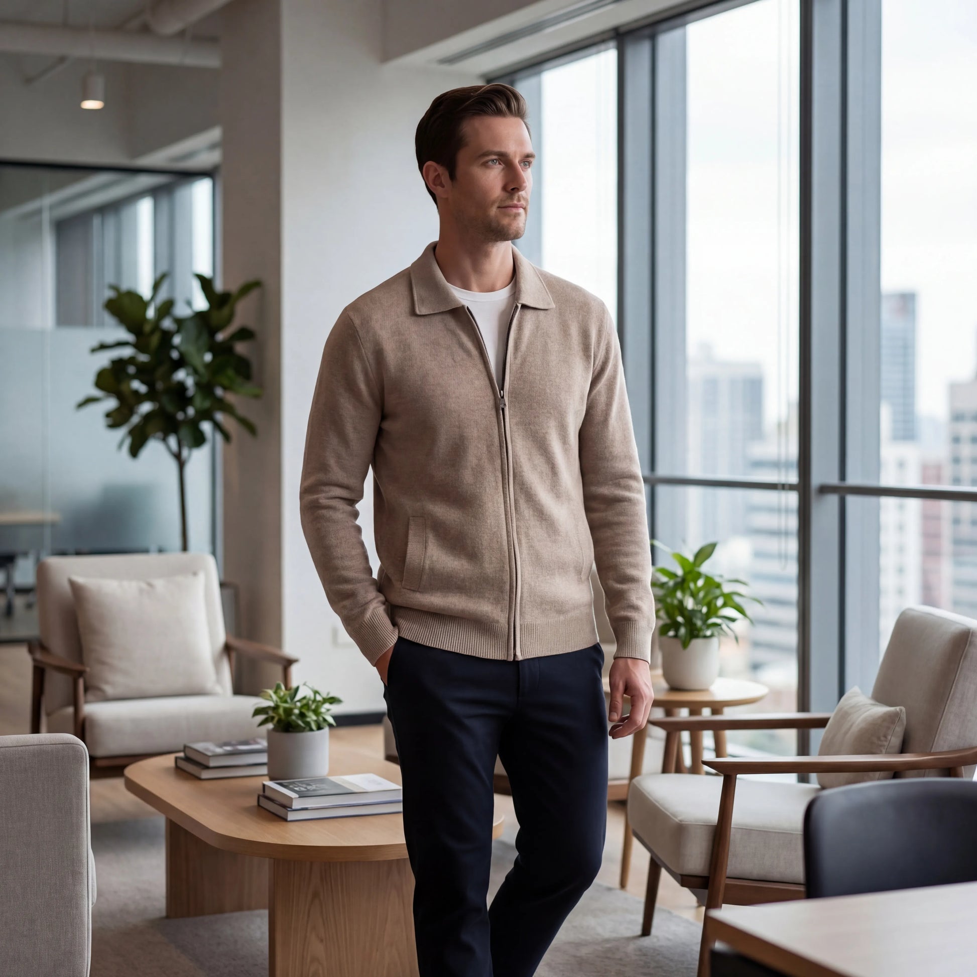 Clarevon - Zip-Up Polo Collar Knit Cardigan