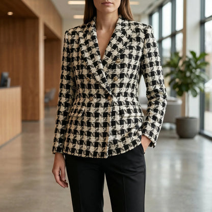 Clarvette | Double-Breasted Tweed Check Blazer