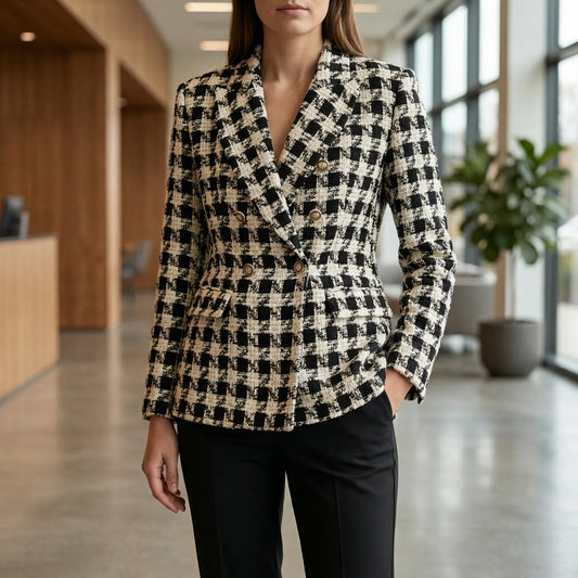 Clarvette | Double-Breasted Tweed Check Blazer