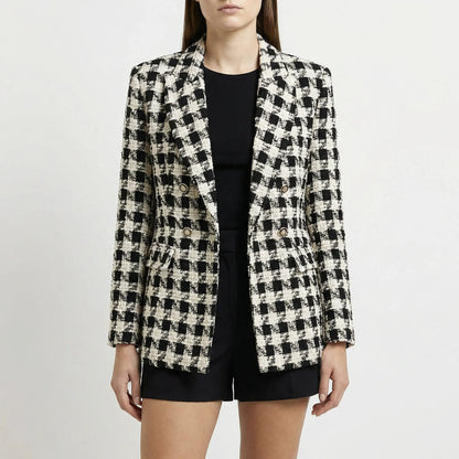 Clarvette | Double-Breasted Tweed Check Blazer