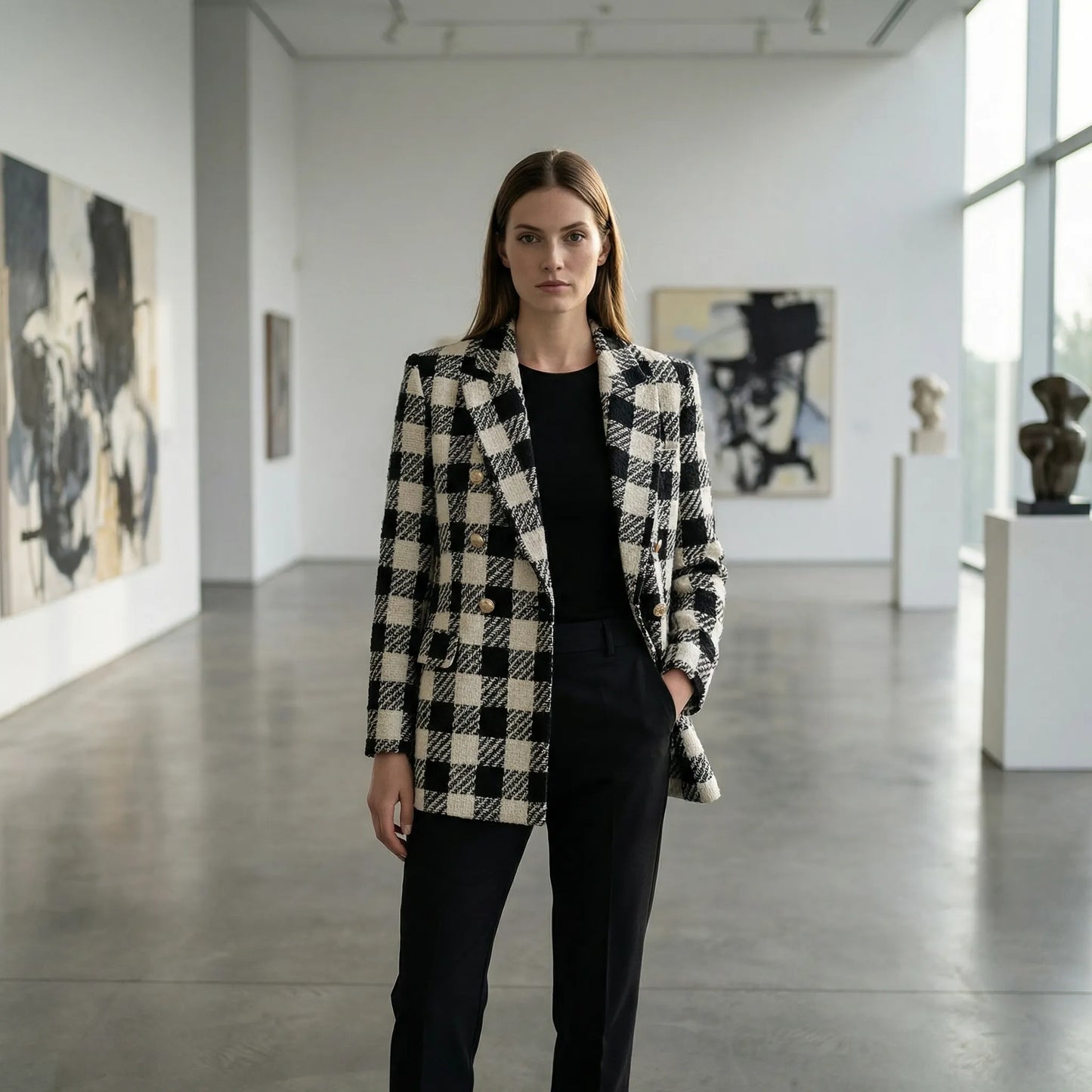 Clarvette | Double-Breasted Tweed Check Blazer