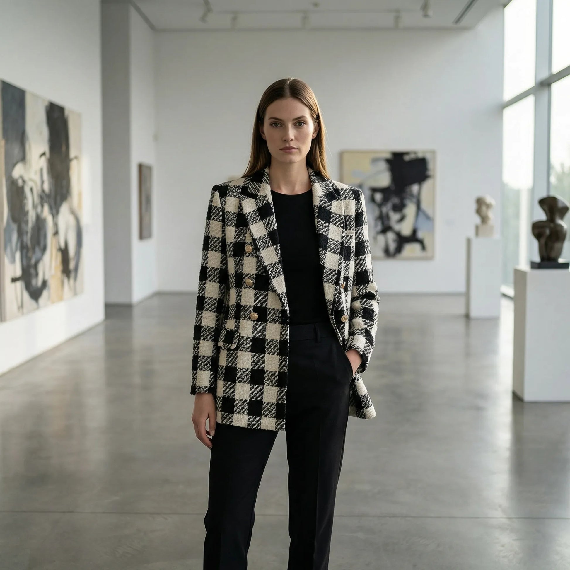 Clarvette | Double-Breasted Tweed Check Blazer